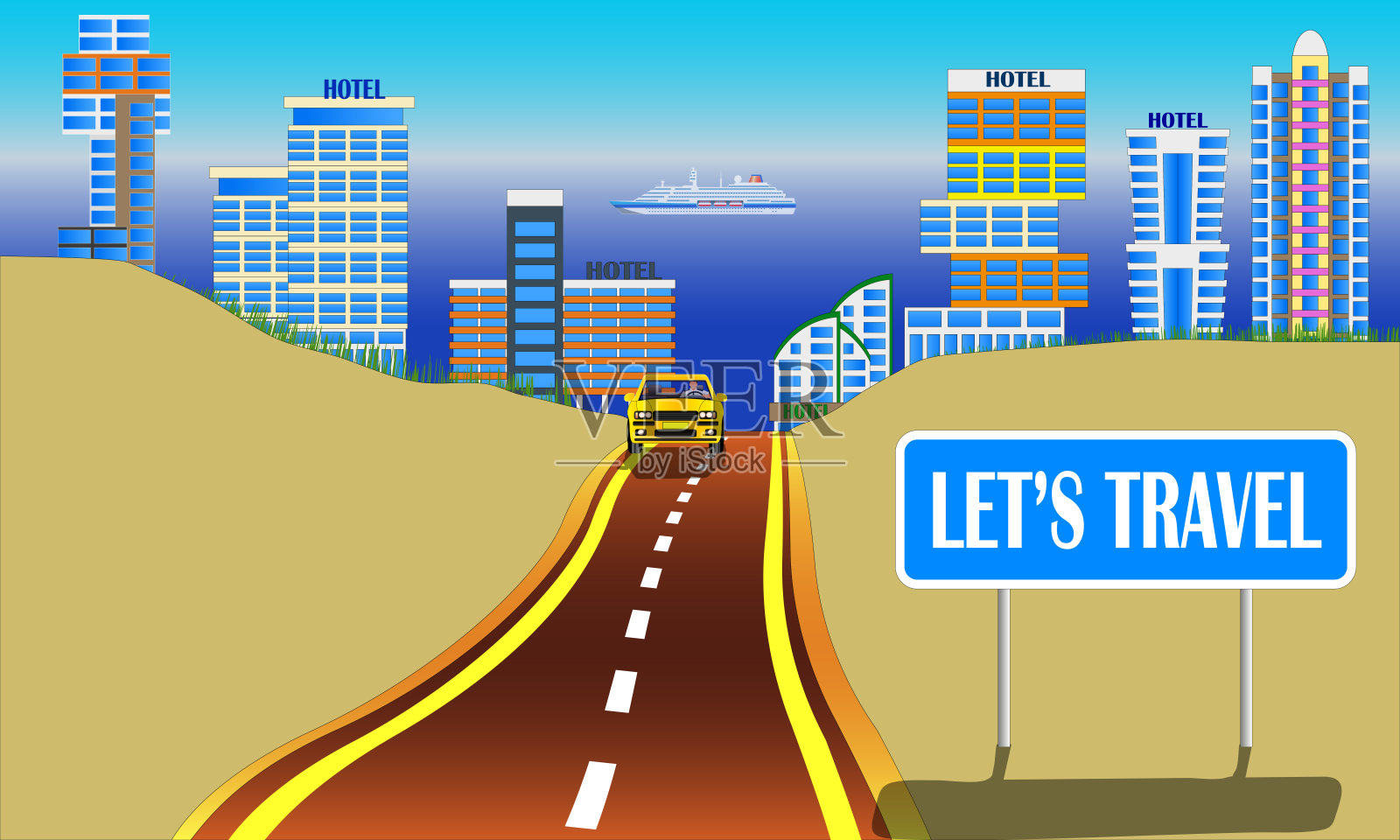 道路旅游概念，以城市和海洋为背景，矢量插画图片素材