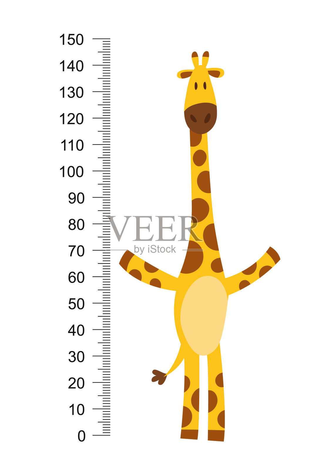 快乐有趣的长脖子长颈鹿。高度一米或贴墙米或贴墙米从0到150厘米以测量增长。儿童矢量图设计元素图片