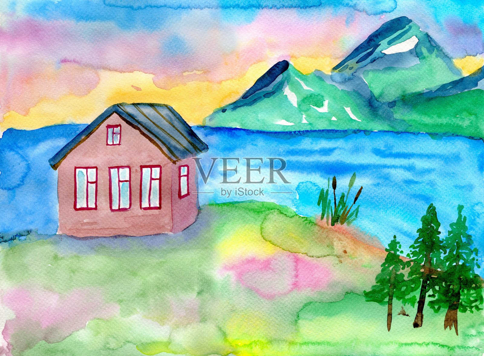 水彩画房子和山景与河流。设计元素图片