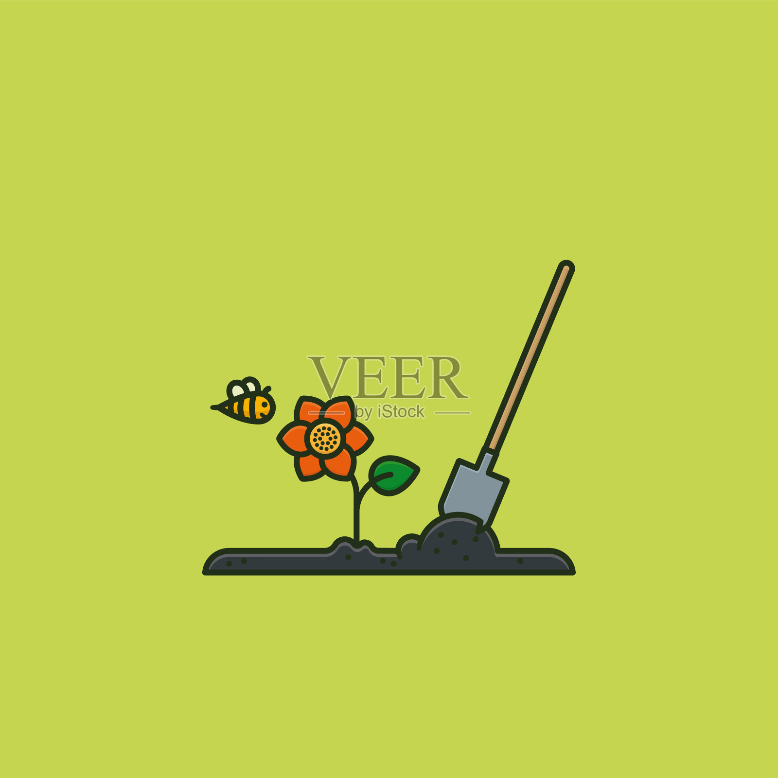 园艺概念矢量插图与土壤，铲子，花，蜜蜂插画图片素材