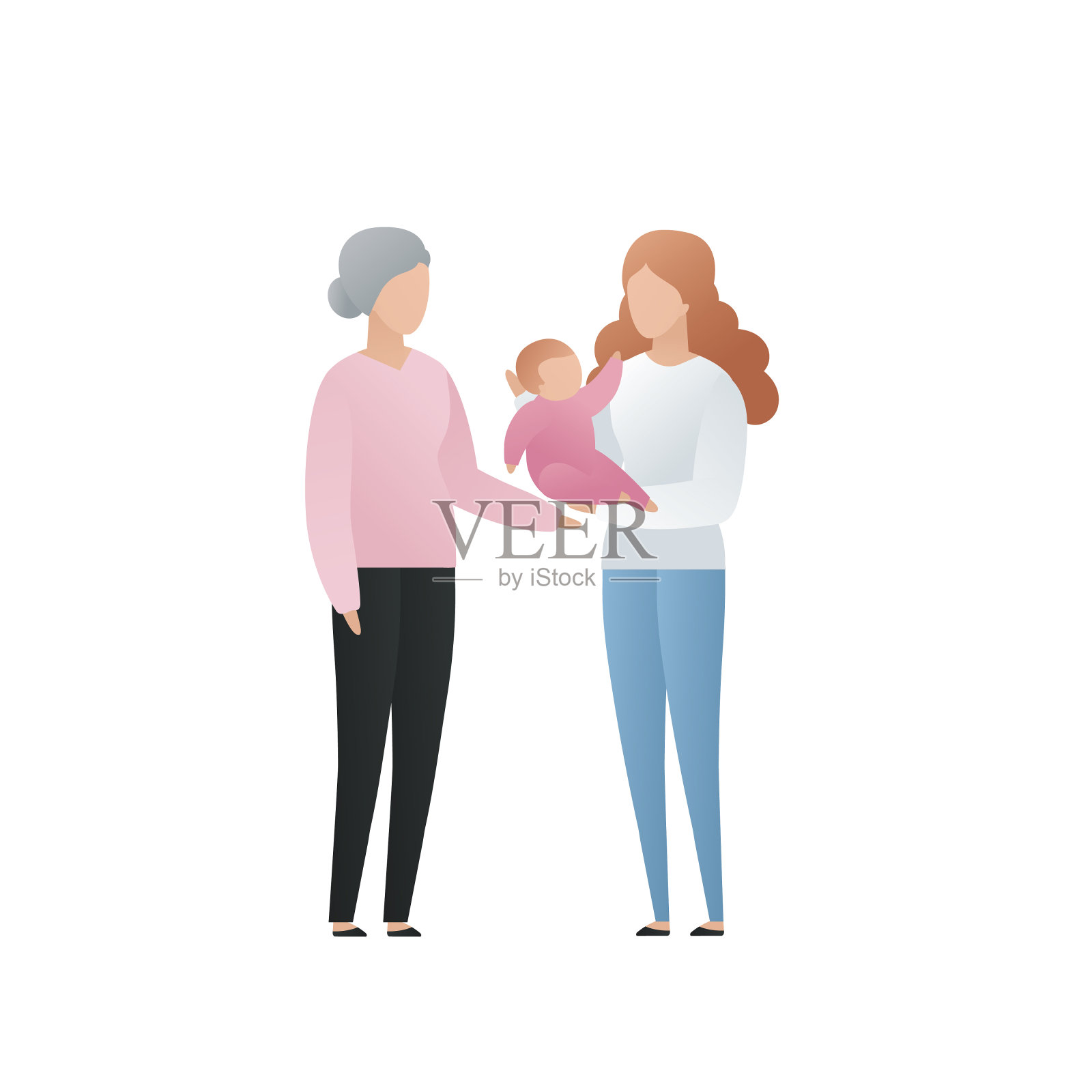 矢量现代平面家庭人物插图。可爱的梯度祖母和她的女儿和孙子婴儿孤立在白色的背景。大家庭里的人互相关心设计元素图片