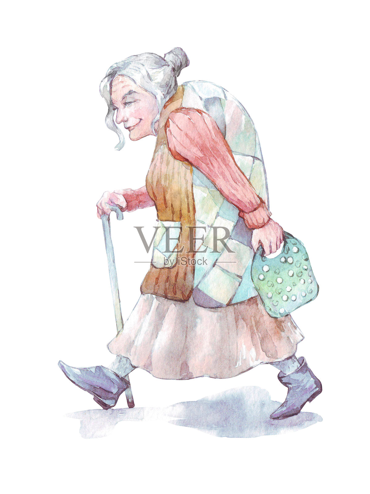 祖母拄着拐杖走路插画图片素材