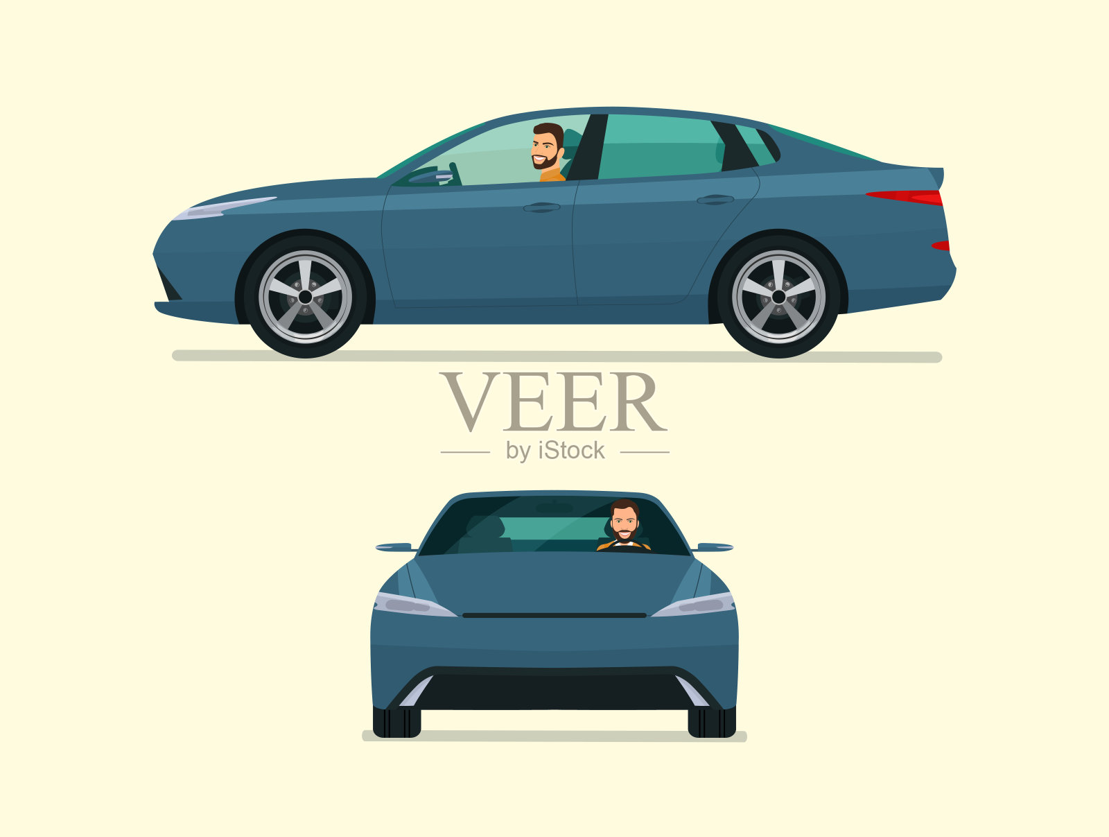 轿车两个角度设置。驾驶人侧视图和前视图的汽车。矢量平面风格的插图。设计元素图片