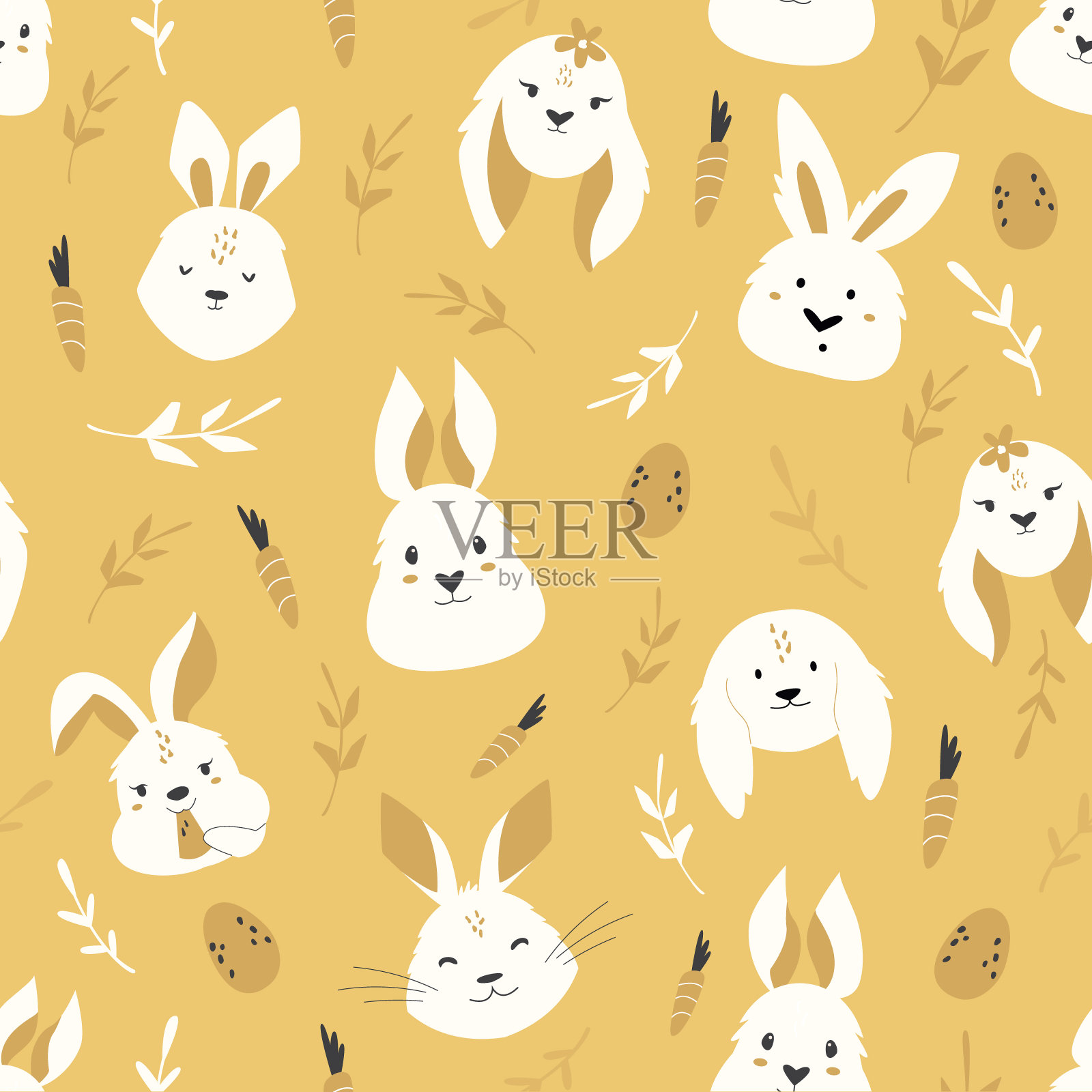 复活节无缝图案与可爱的微笑兔子。矢量插图的问候，包装纸，织物，装饰，节日贺卡插画图片素材