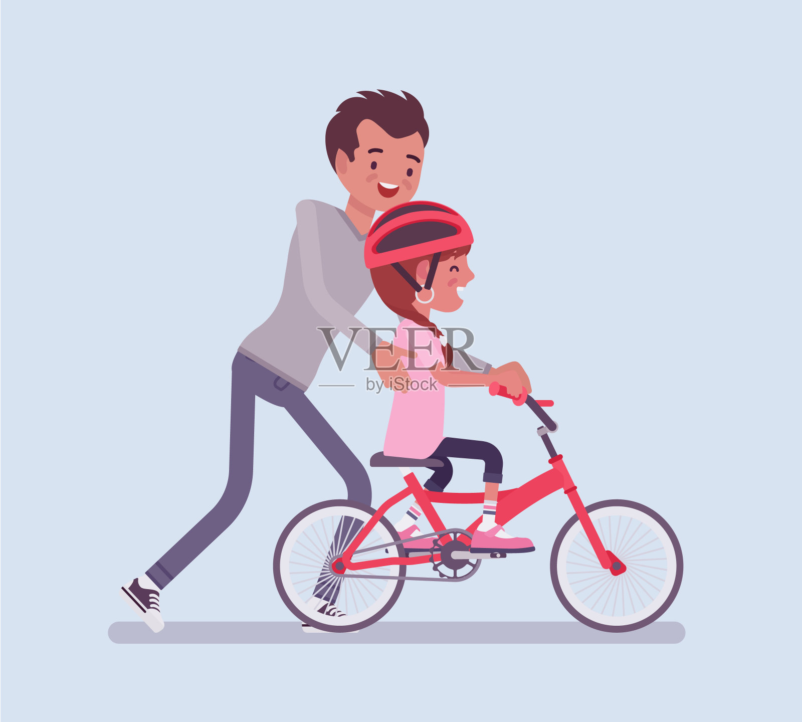 父亲引导女儿安全地骑自行车插画图片素材