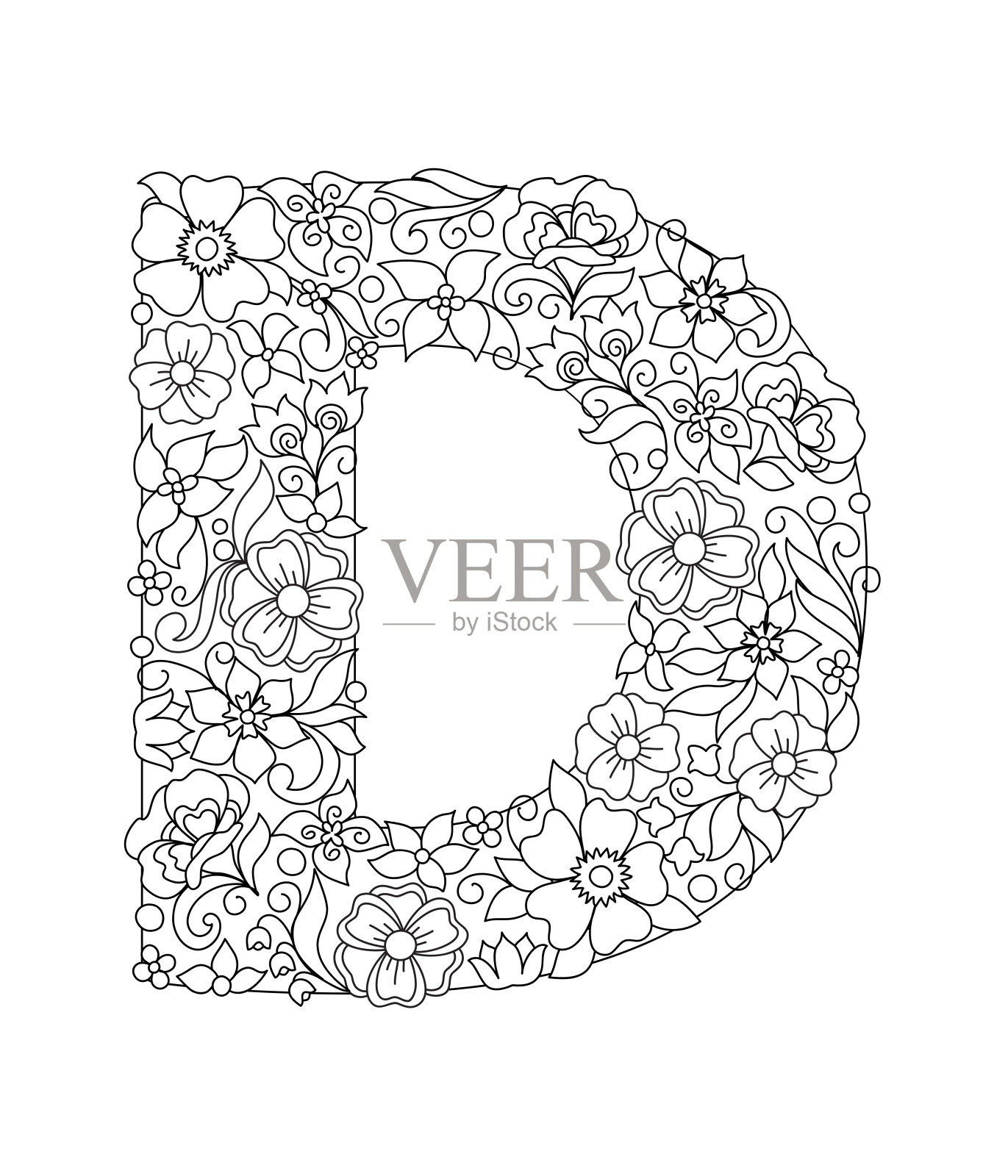 大写字母D与抽象的花图案设计元素图片