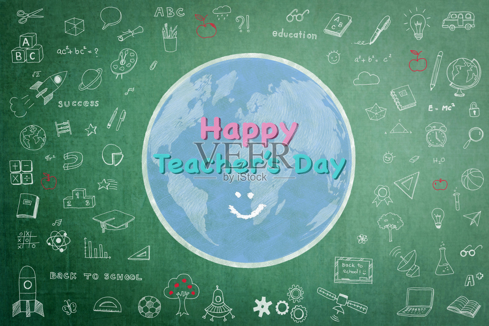 快乐世界教师节理念与绿色黑板涂鸦插画图片素材