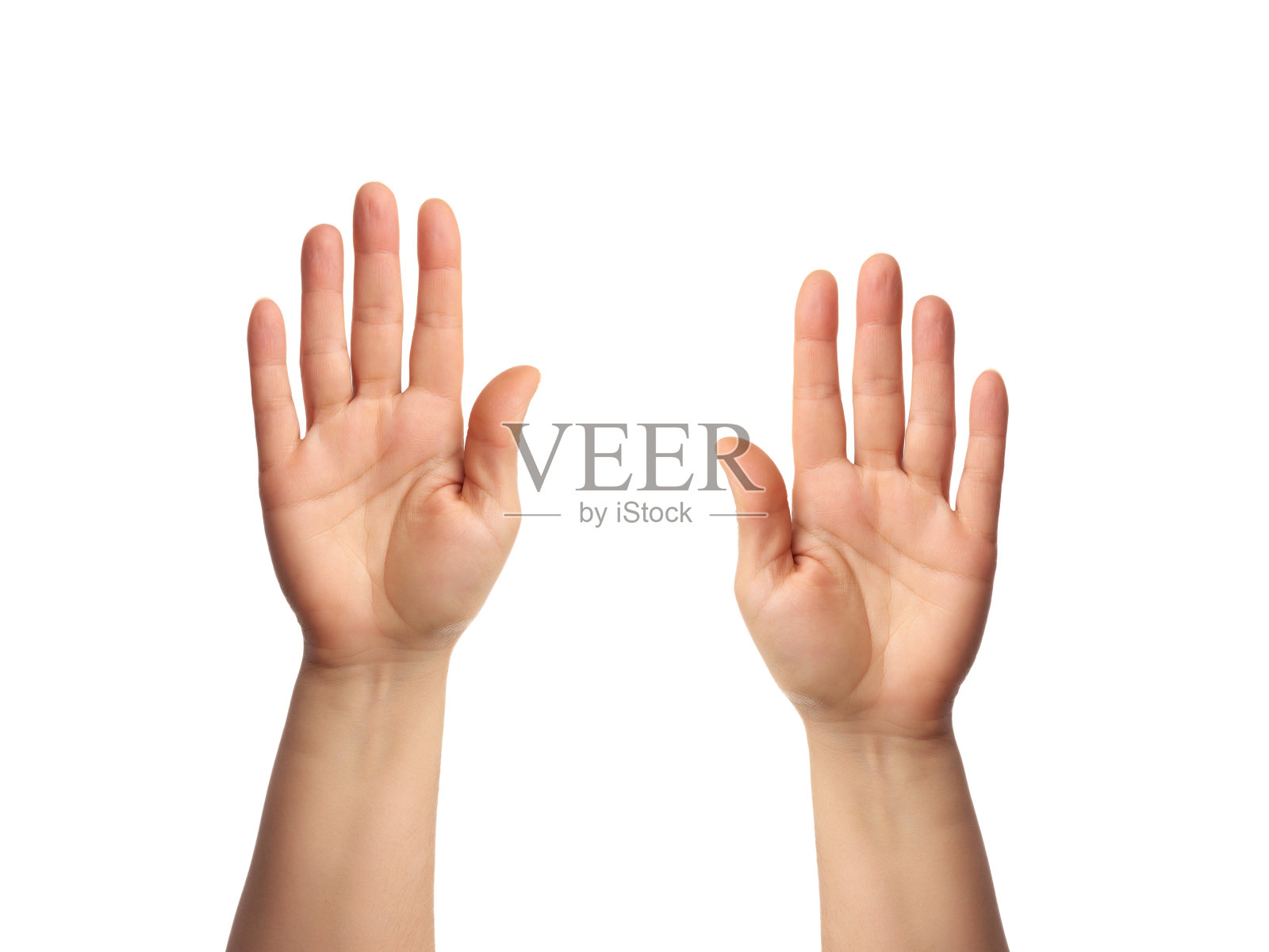 女性的手张开手掌向上抬起，身体的一部分孤立在白色的背景上照片摄影图片