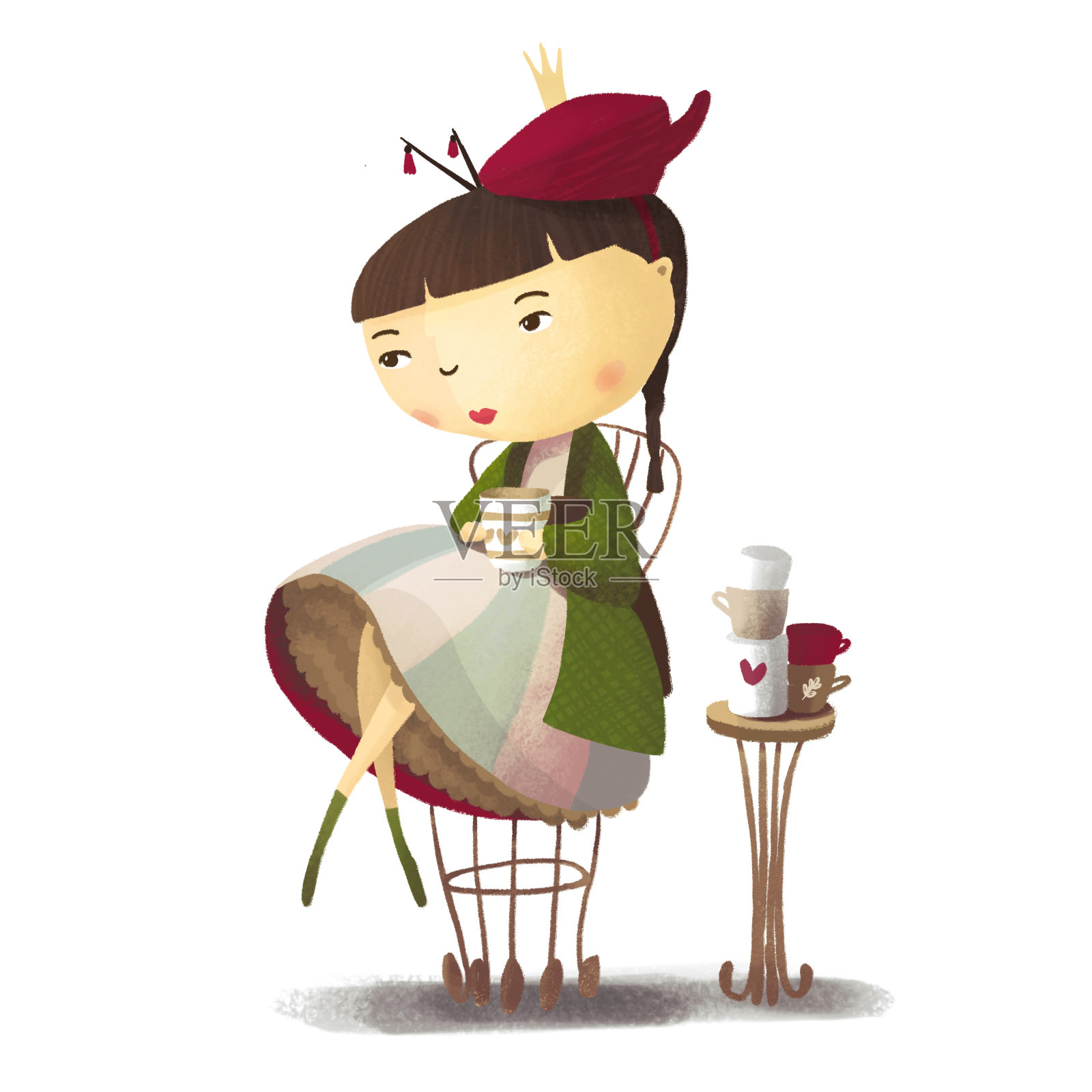 茶爱好者女孩优雅地坐在椅子上喝茶。很多杯子插画图片素材