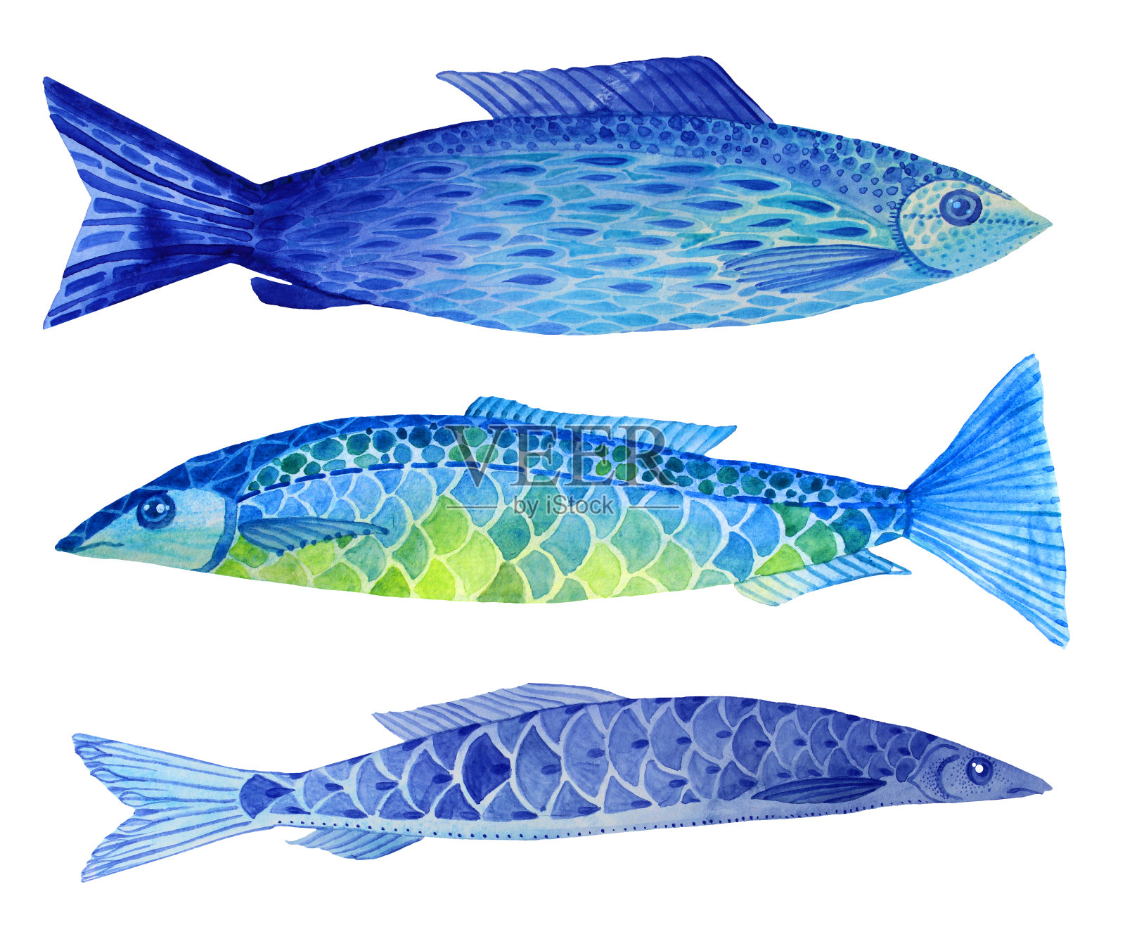 设置水彩手绘蓝色鱼天真的艺术对象孤立在白色背景插画图片素材