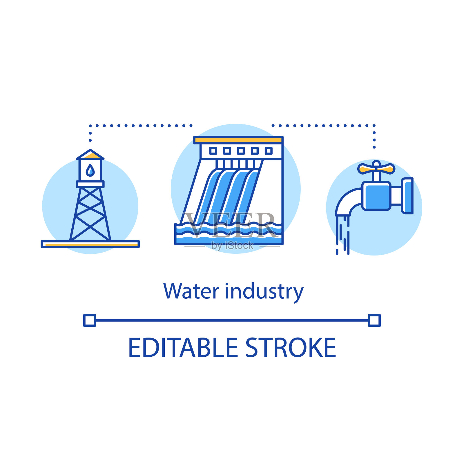 水行业概念图标。水塔、水坝、水龙头。蓄积、处理、输送水、废水构思细线插图。矢量孤立轮廓绘制。可编辑的中风设计元素图片