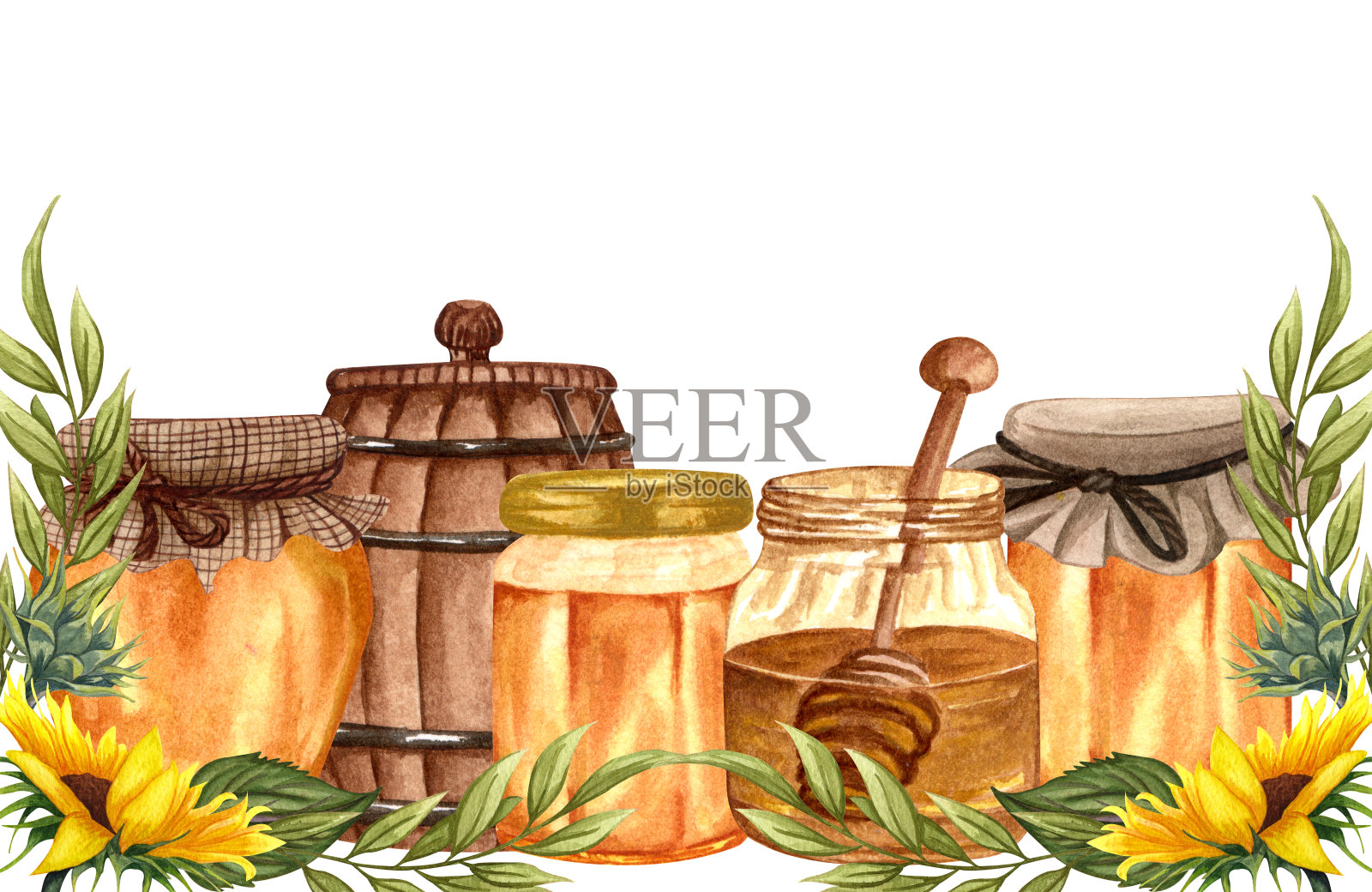 水彩健康蜂蜜在玻璃罐子与向日葵框架。手绘有机食品横幅插画图片素材