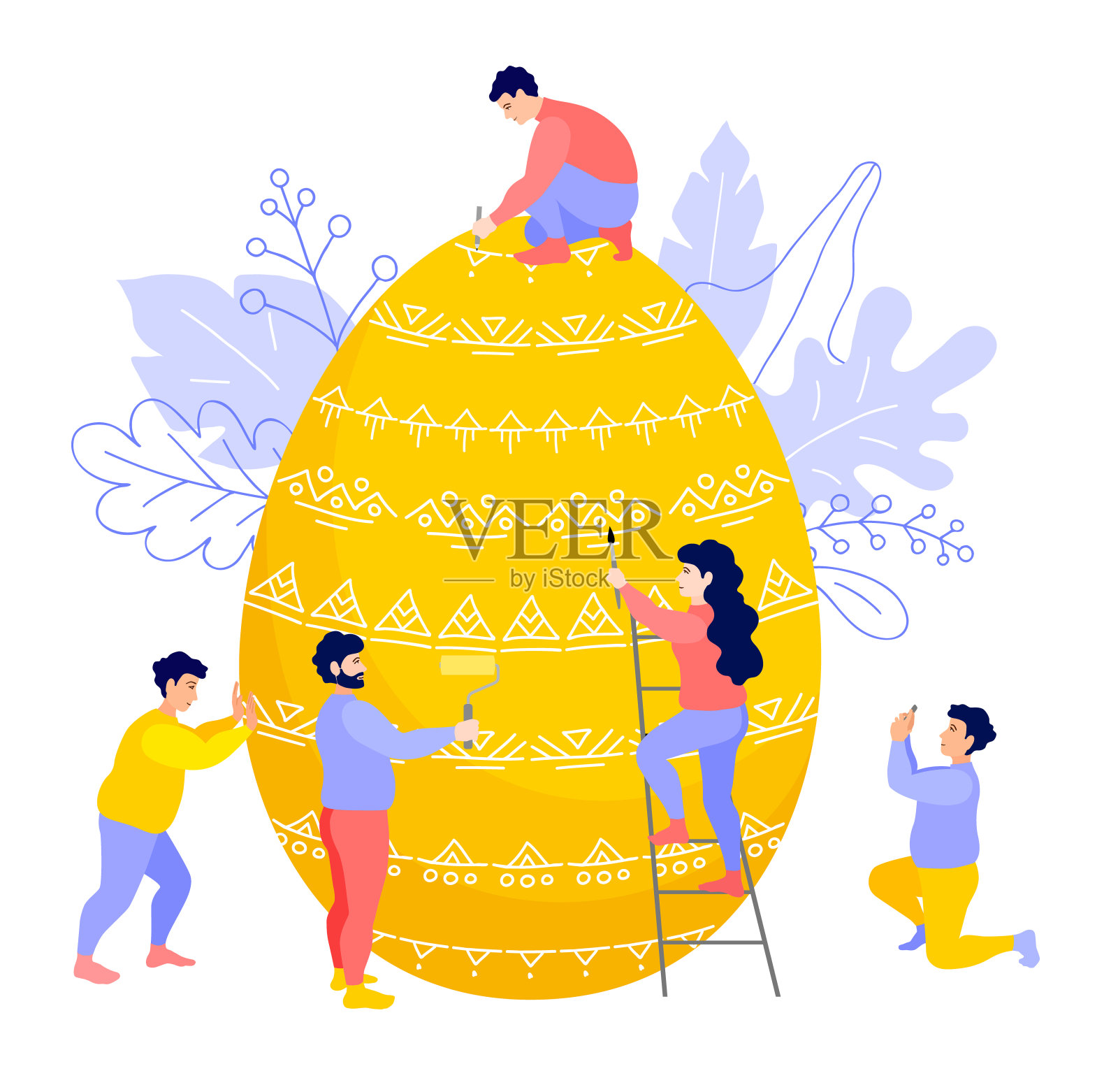 复活节卡片。人们一起装饰一个大鸡蛋。插画图片素材