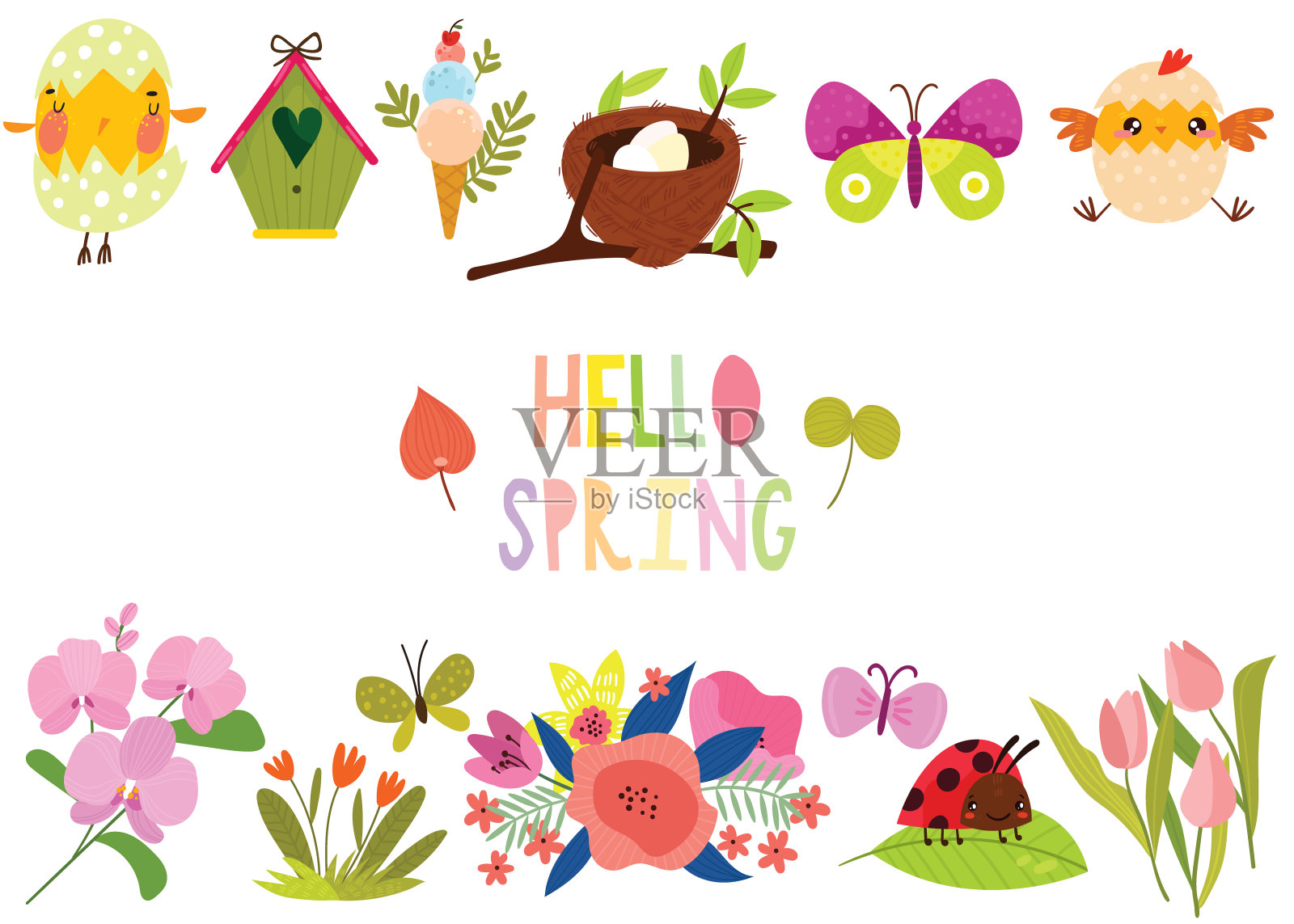 欢迎春天的旗帜。彩色背景与可爱的动物和鲜花贺卡，邀请模板。插画图片素材