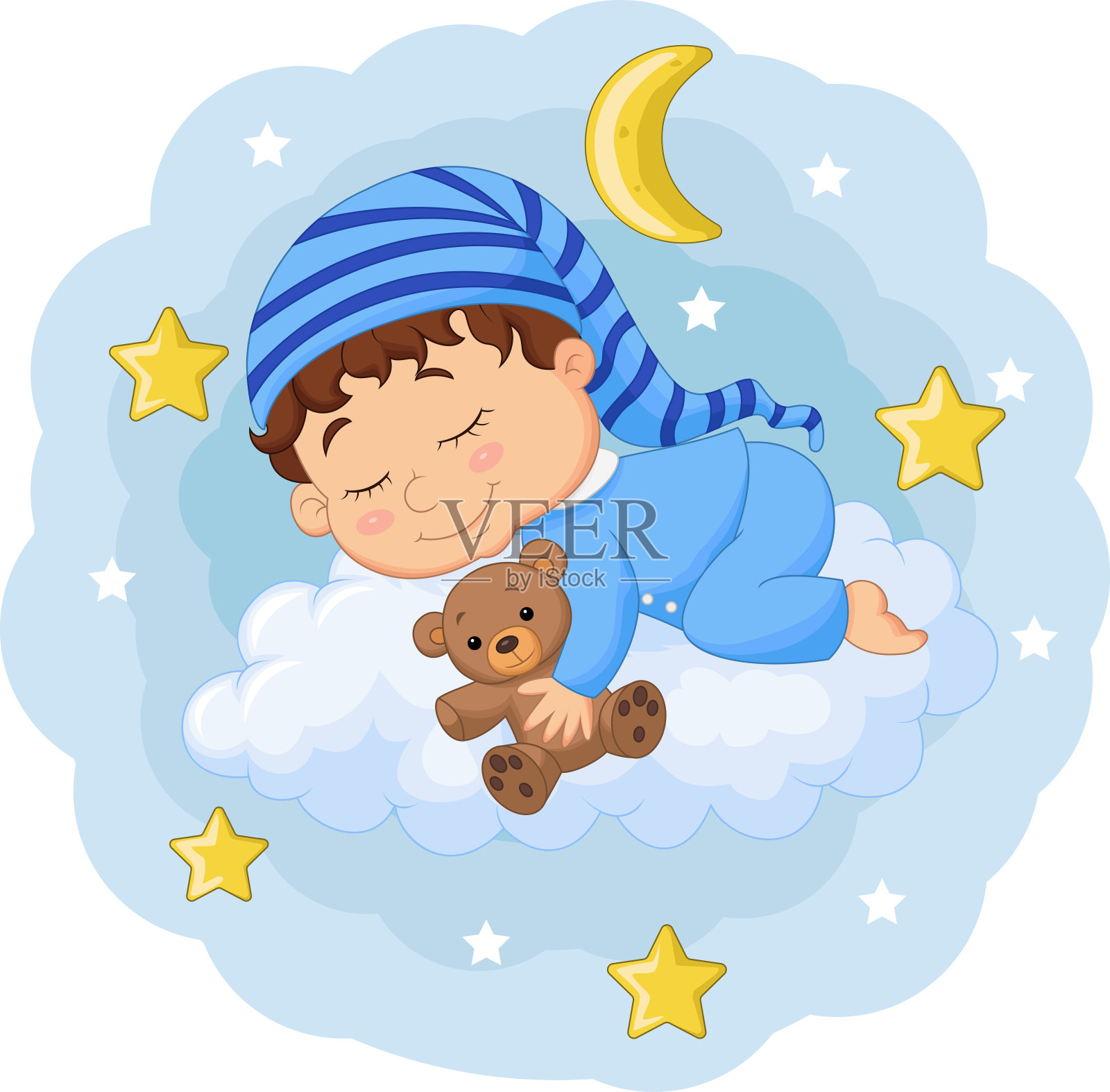 卡通宝宝和泰迪熊在云上睡觉设计元素图片