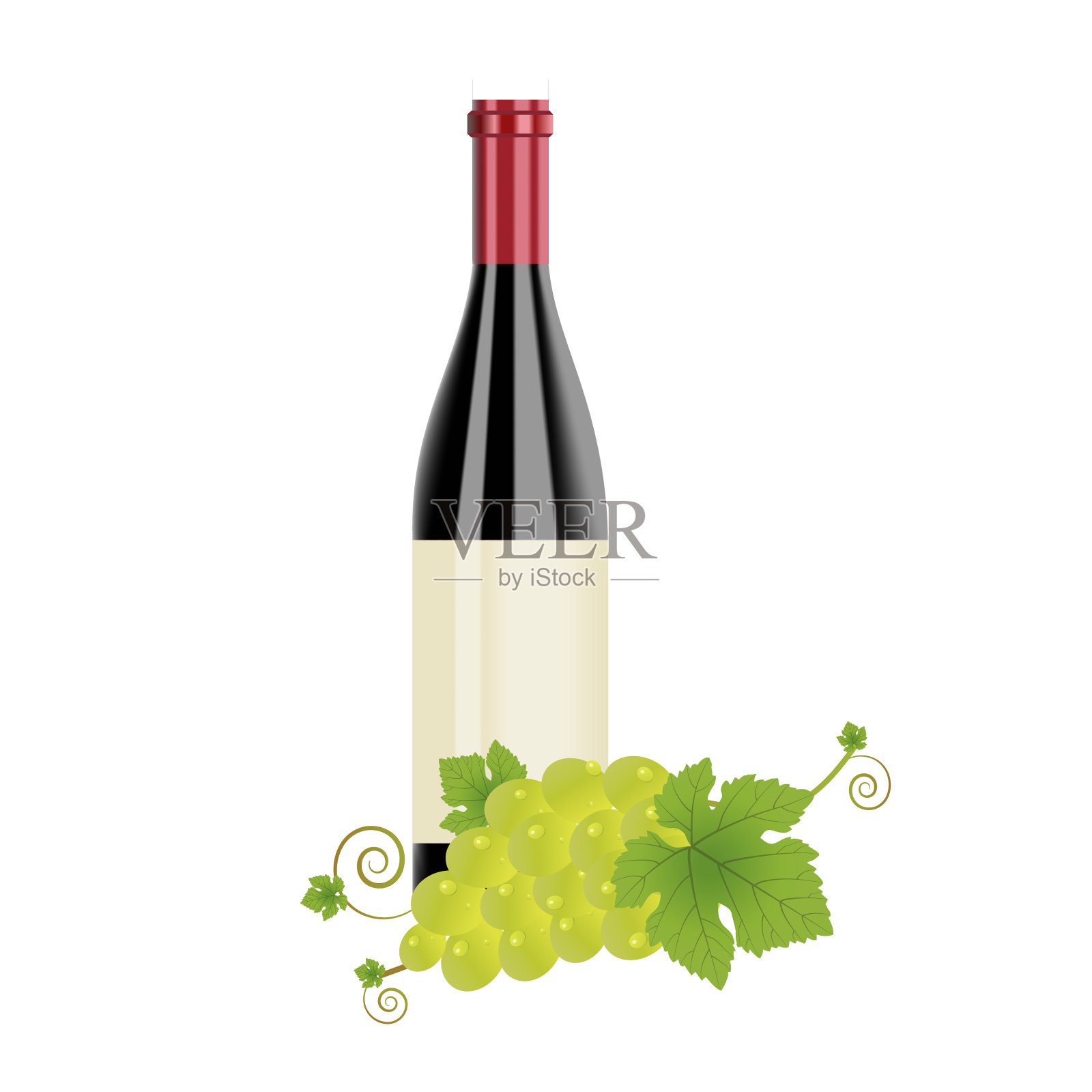 一瓶红酒和一串绿葡萄在白色的背景下插画图片素材