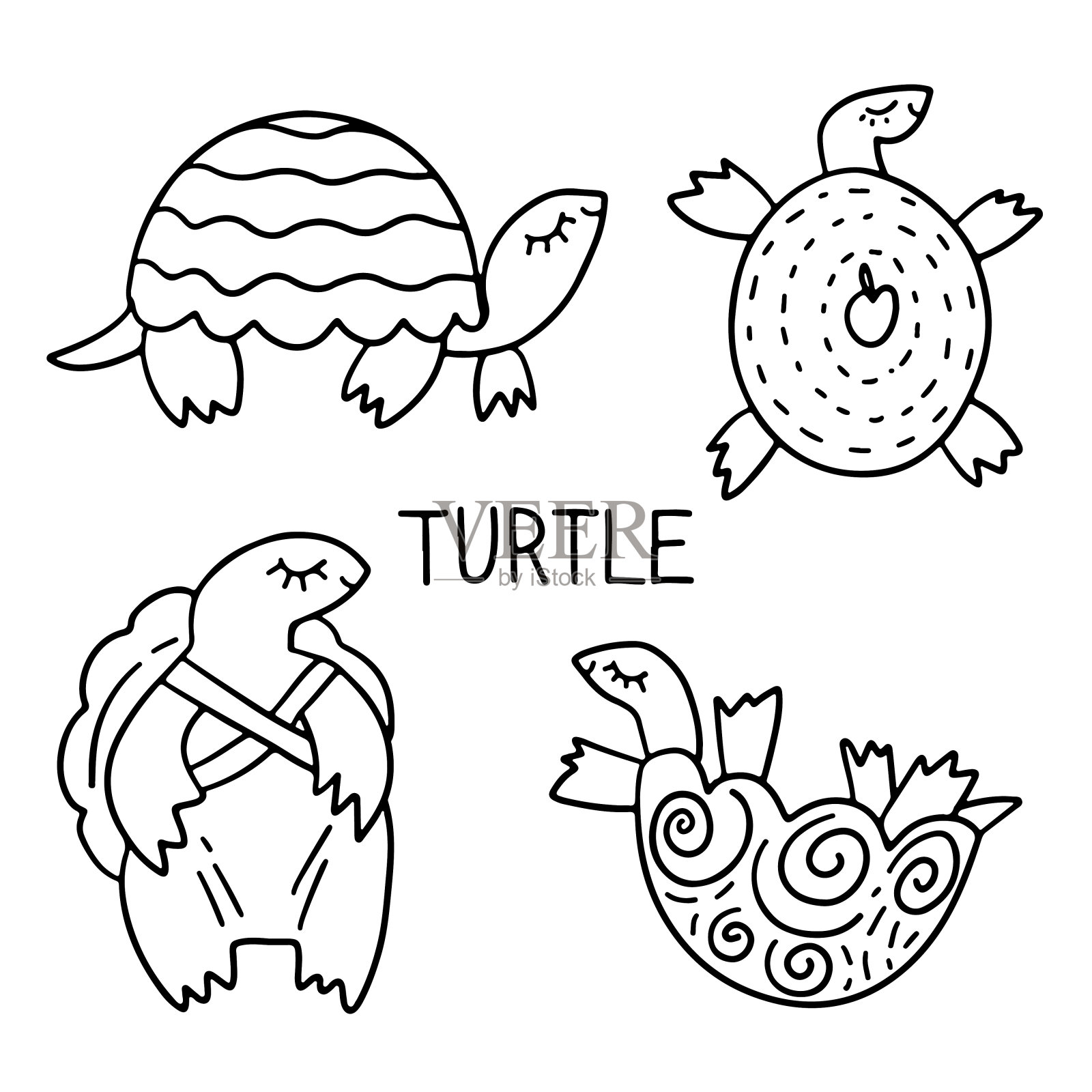 手绘一套海龟涂鸦矢量插图和文字海龟孤立在白色背景。插画图片素材