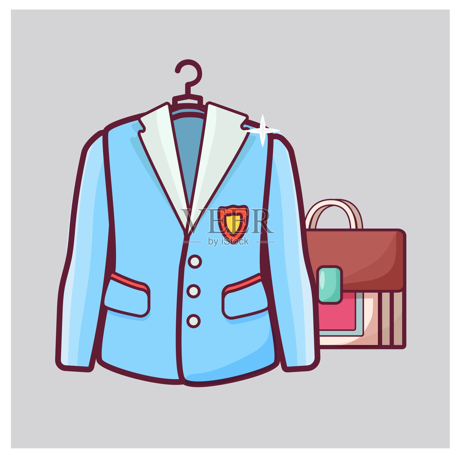 校服，带标志的夹克和书包。卡通平面风格rerto在矢量插图。插画图片素材