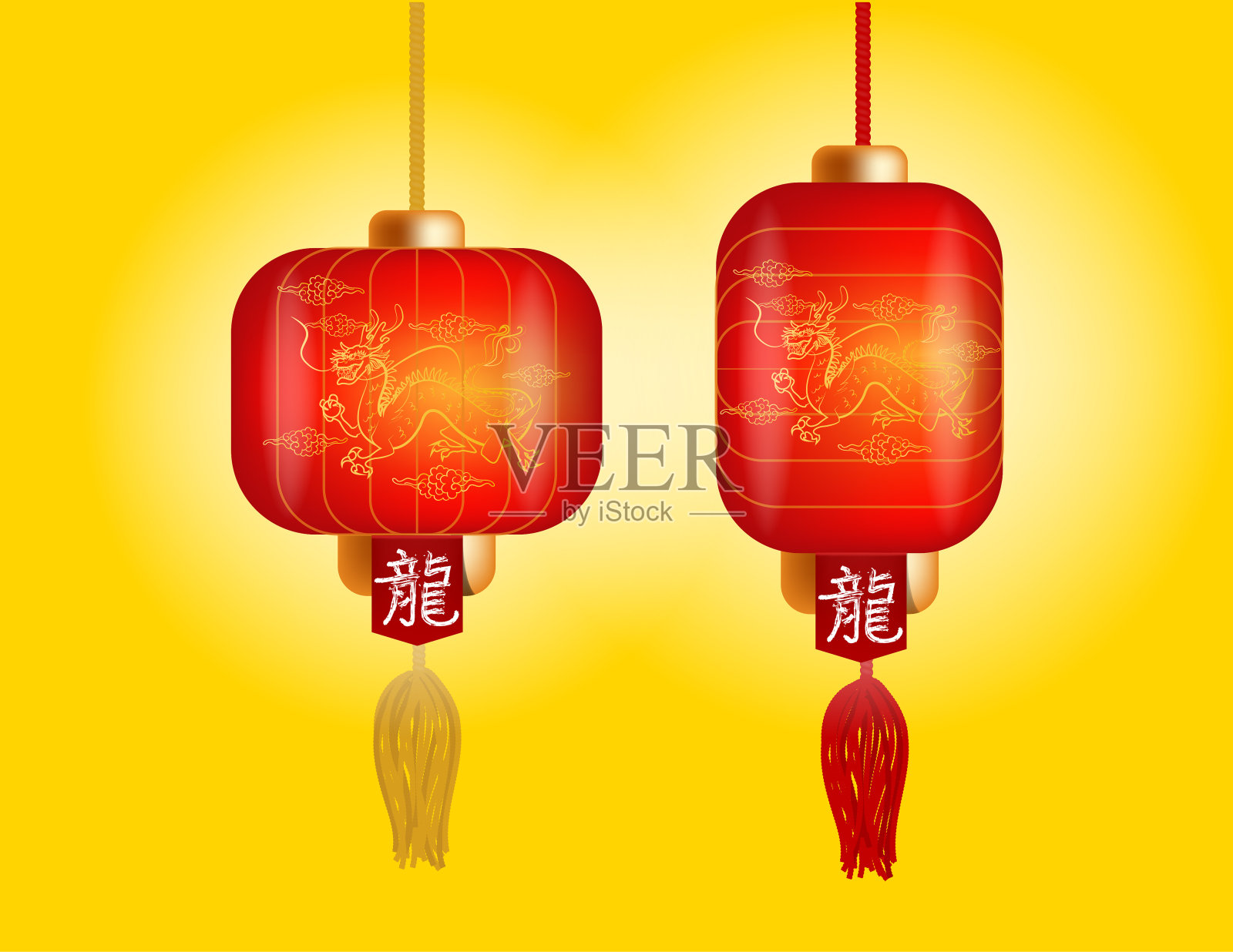 美丽的插图矢量红色中国节日灯笼圆形和圆柱形在金色的背景。中国年灯的设计理念插画图片素材