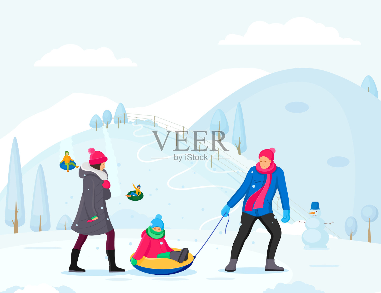 家庭寒假和孩子们在雪地上玩。插画图片素材