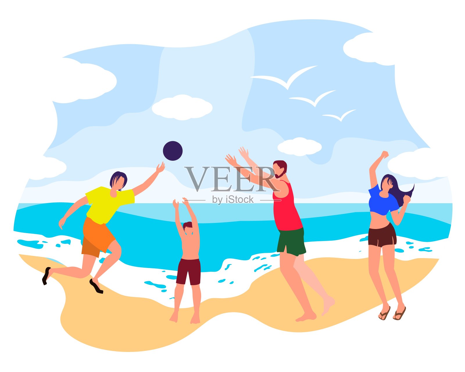 在沙滩上玩球的快乐家庭插画图片素材