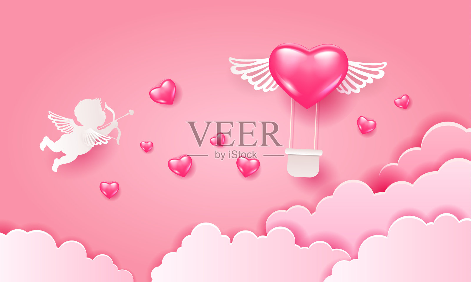 情人节心形气球，气球上有翅膀的粉红色心形气球，抽象的粉色天空背景，云朵，爱神丘比特，爱情剪纸。矢量插图。插画图片素材