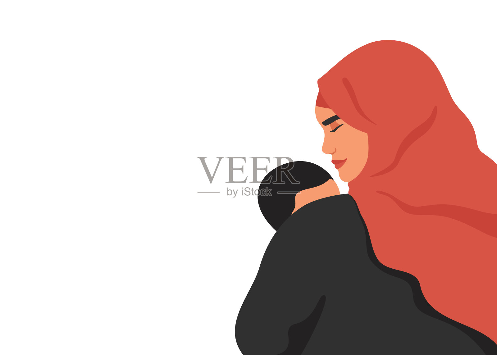 阿拉伯母亲抱着婴儿的儿子在她的怀里的后视图。插画图片素材