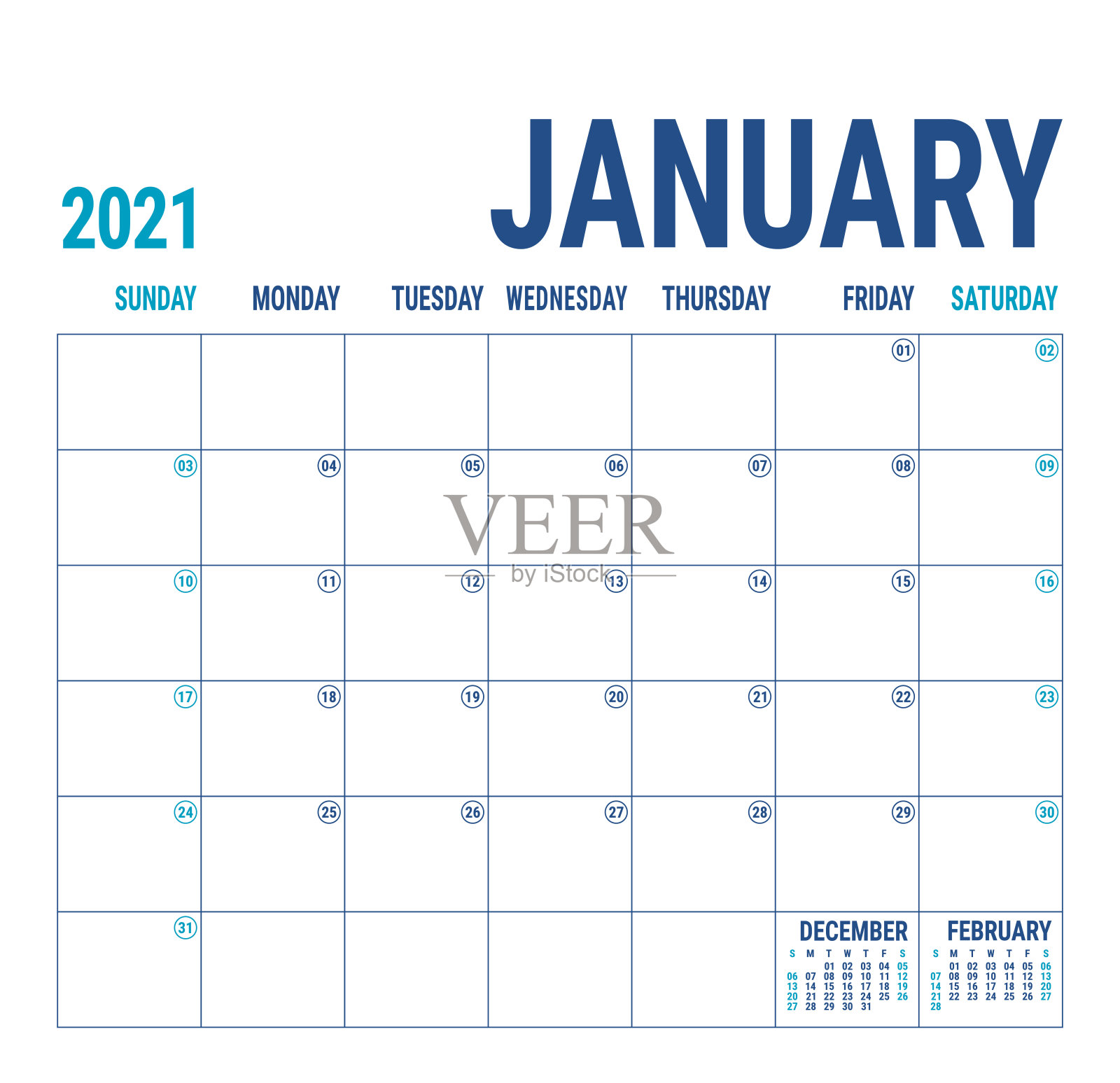 2021年1月日历。英语日历模板。向量方格网。办公室业务规划。创意设计。蓝色设计模板素材