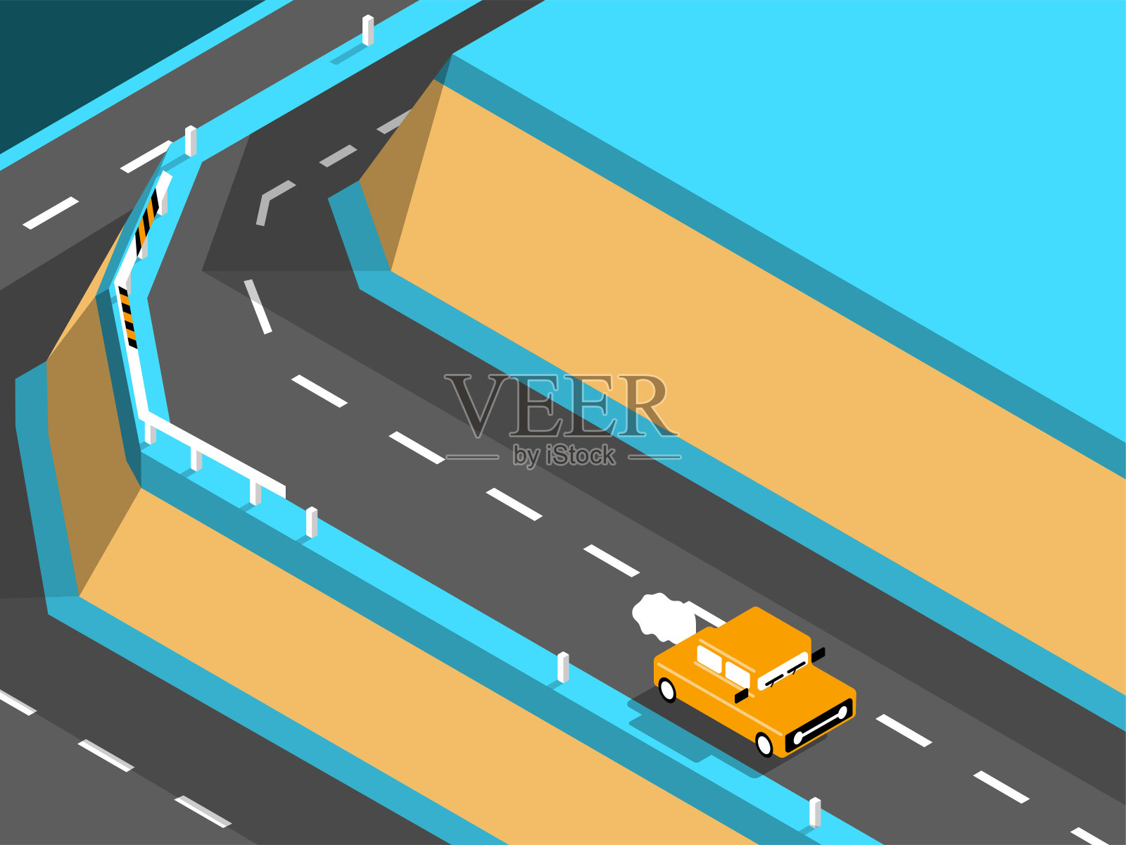 美丽的橘色汽车等距设计在路上行驶，在山上驾驶汽车插画图片素材