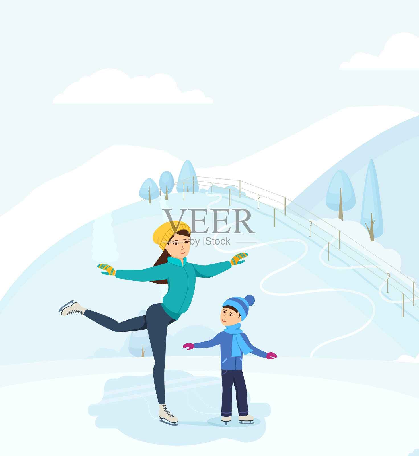 妈妈和女儿在户外滑冰。插画图片素材