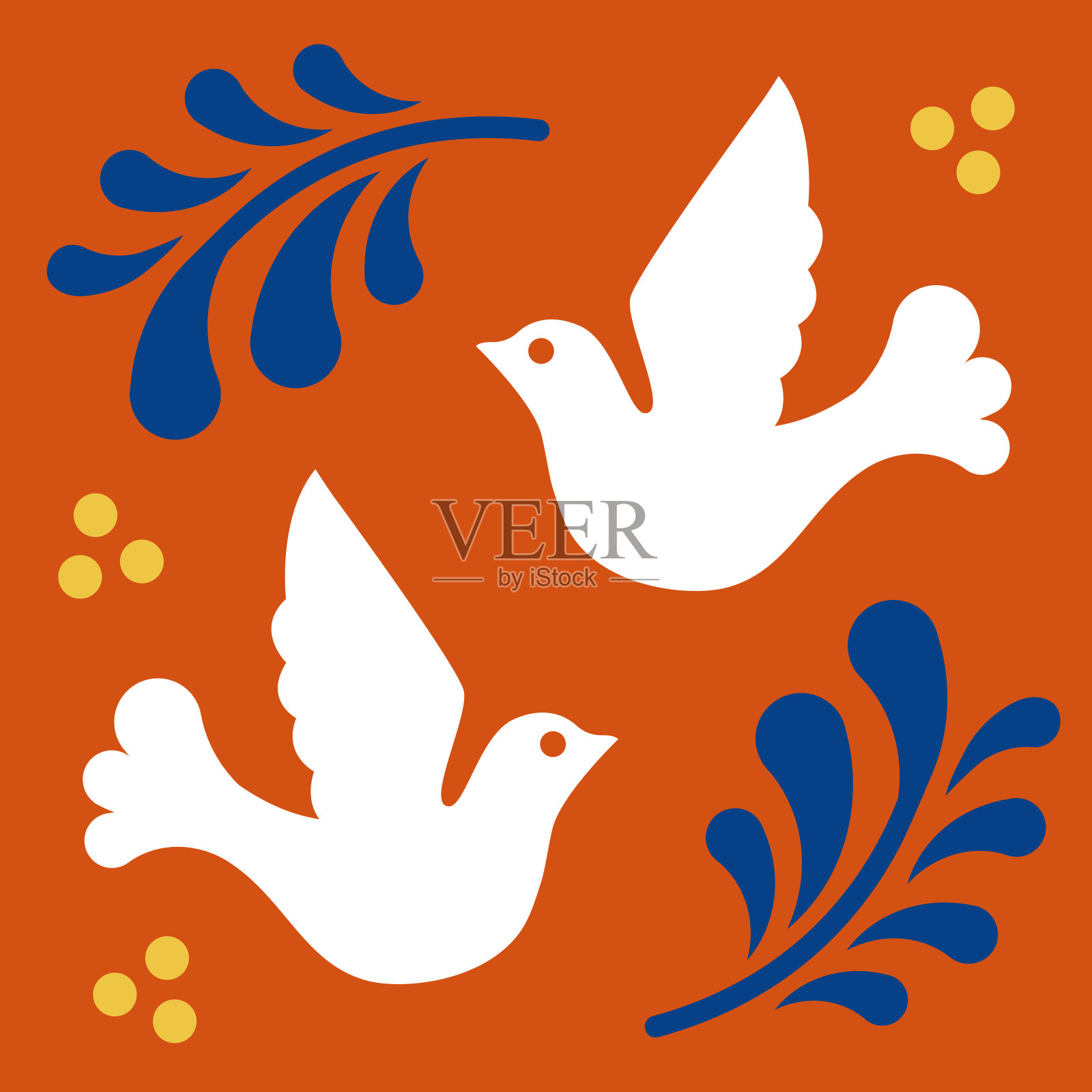 墨西哥塔拉维拉带鸟瓷砖图案。普埃布拉的传统装饰风格。用花、点和叶构成的花卉陶瓷作品。墨西哥民间艺术设计。插画图片素材