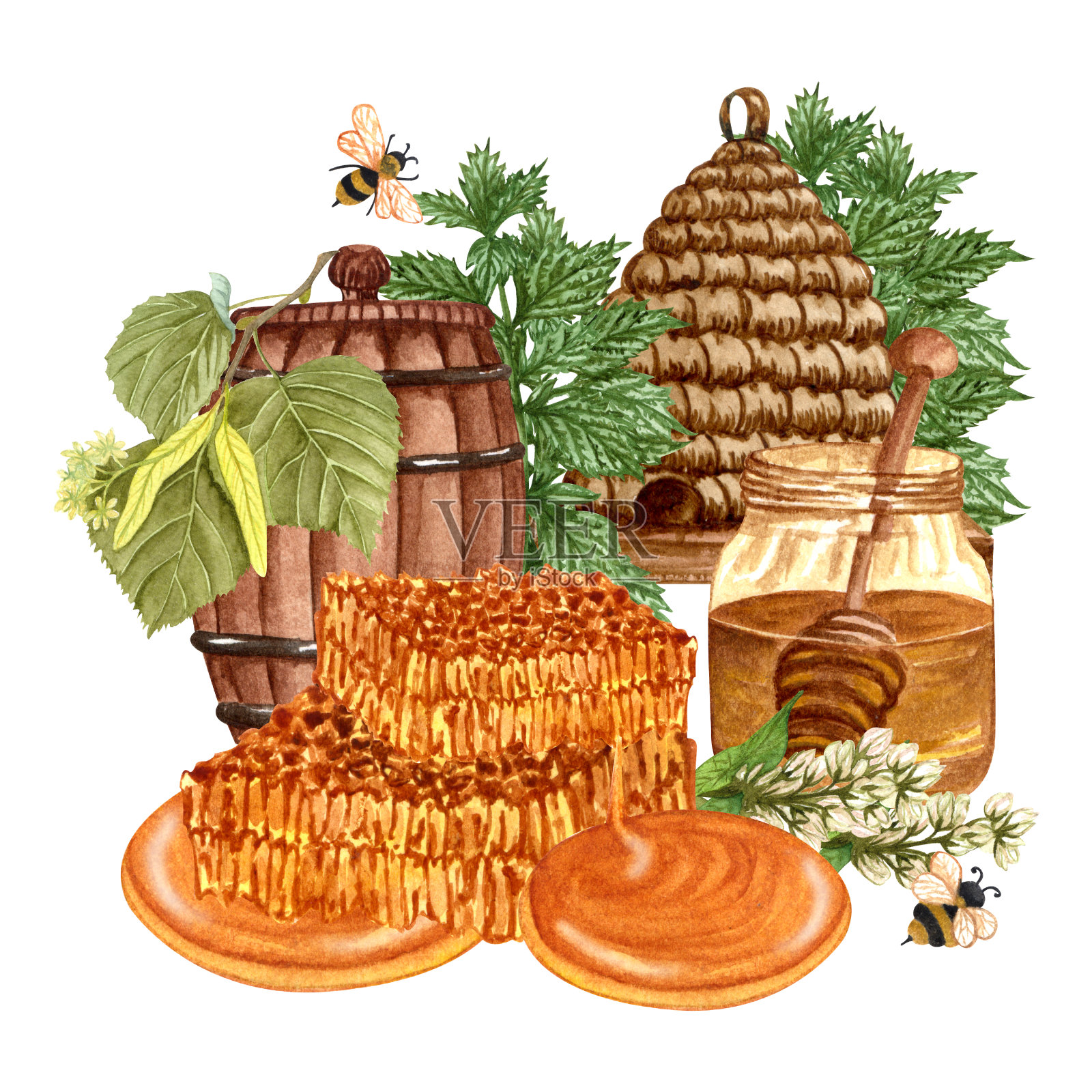 水彩新鲜蜂蜜集蜂巢，蜂房，玻璃罐与蜂蜜，椴树，柠檬香植物。手绘有机自然插画。插画图片素材