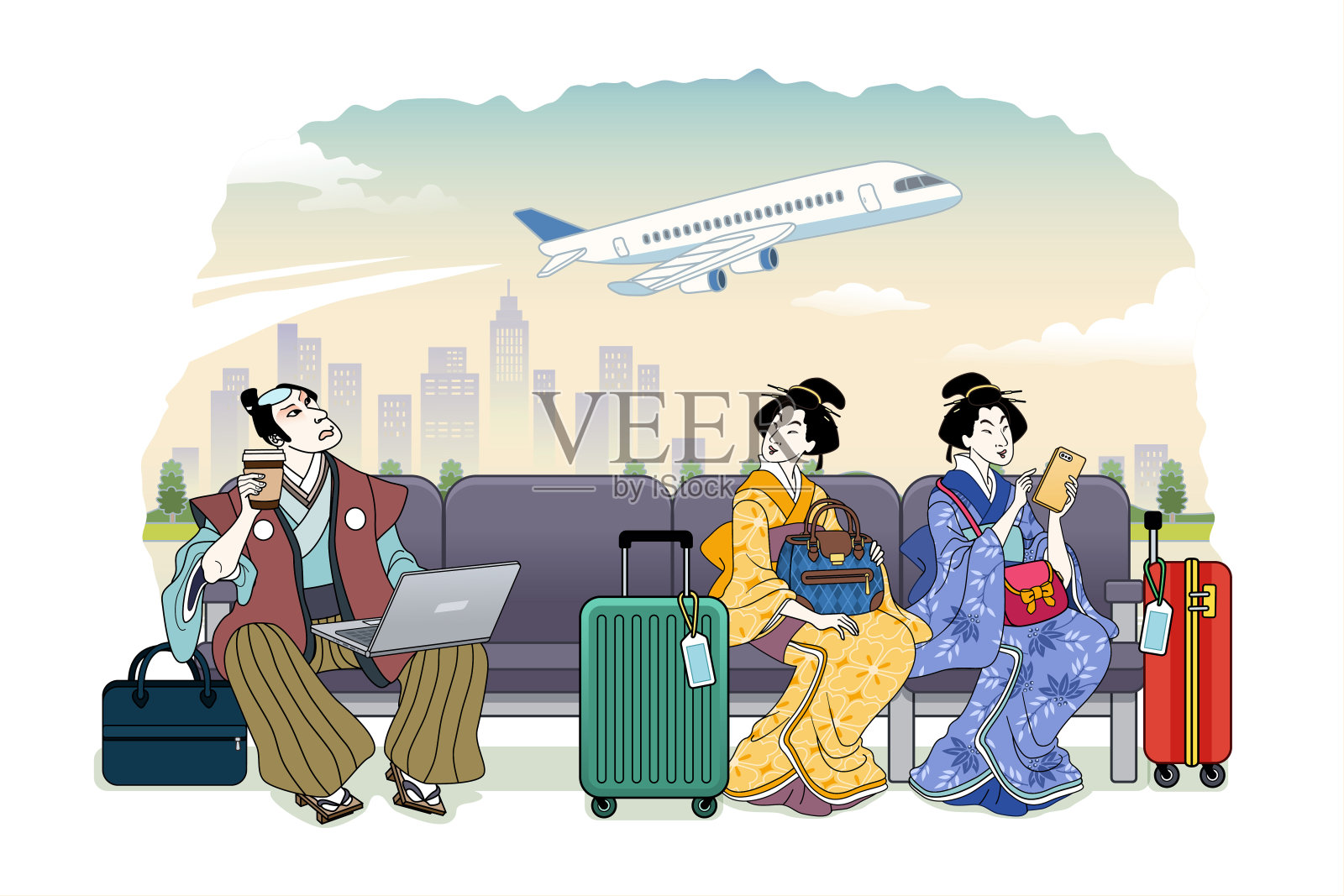 浮世绘的人们在等待他们的航班插画图片素材