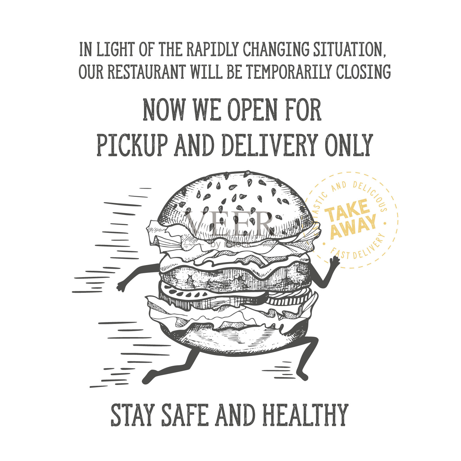 冠状病毒2020。餐厅海报只提供外卖服务。插画图片素材