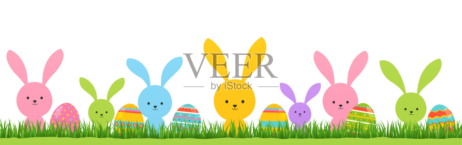 复活节兔子在绿色的草地上带着彩色的蛋。春节横幅海报。设计元素图片