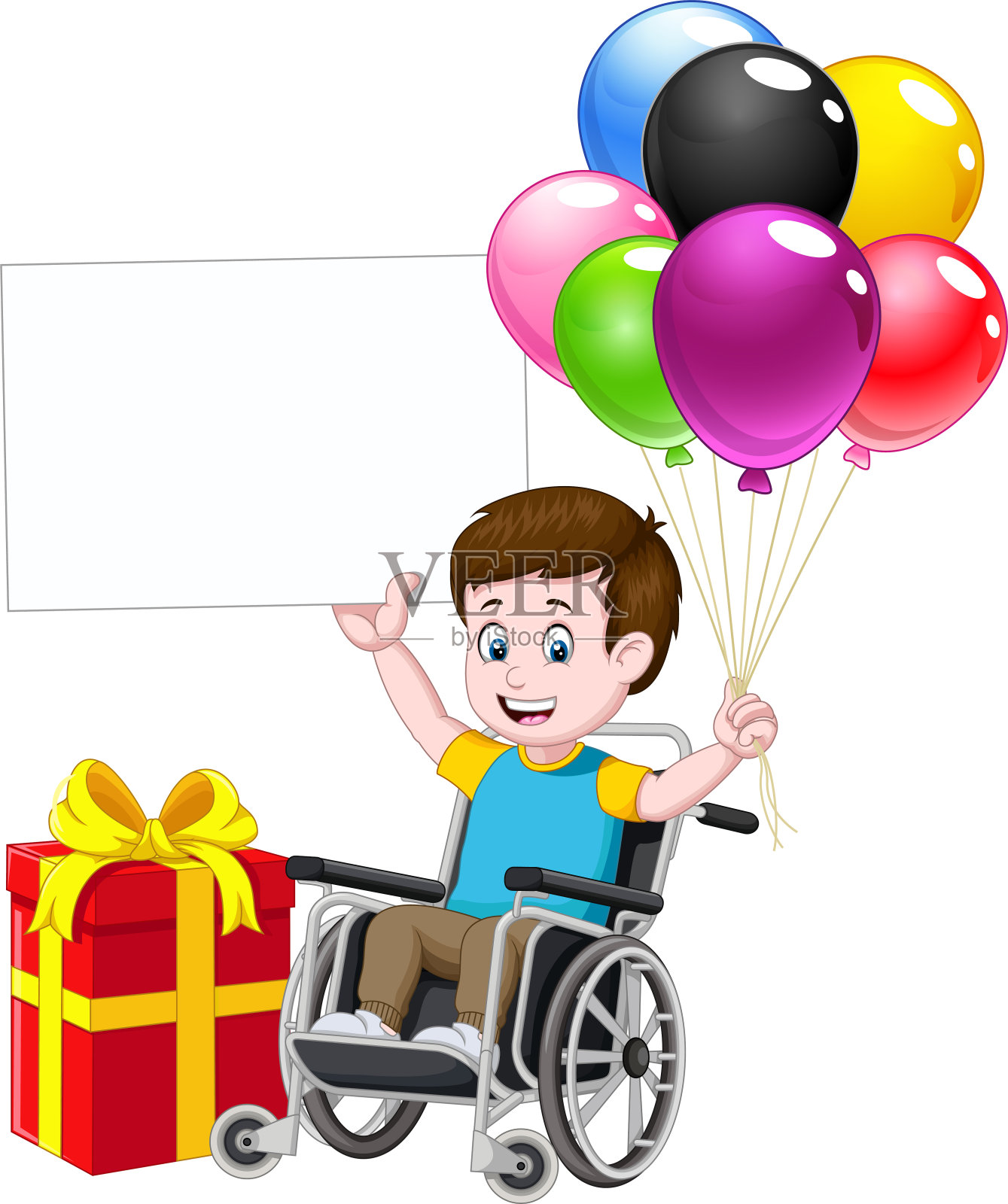 轮椅上的男孩与红色礼盒和气球卡通插画图片素材