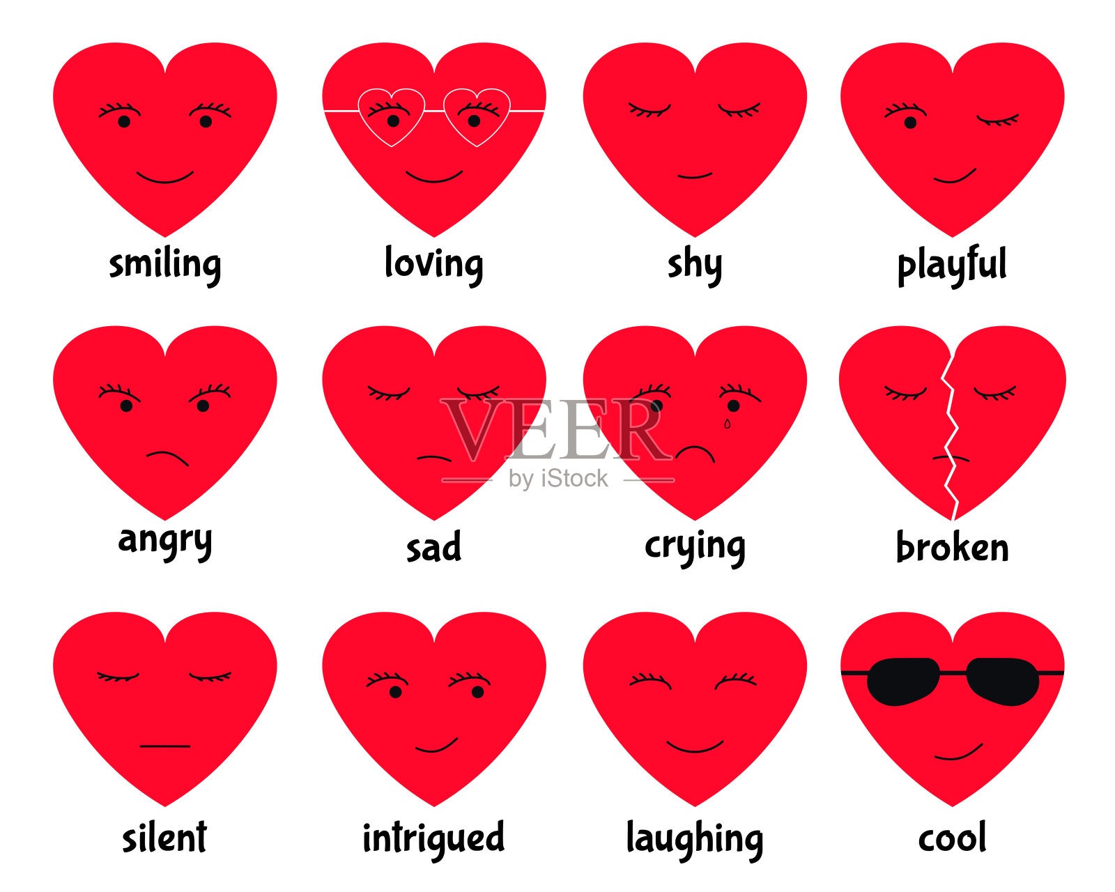 情感的心向量。一套可爱的心涂鸦不同类型的情感:微笑，爱，害羞，好玩，生气，悲伤，哭泣，破碎，沉默，好奇，笑，酷。浪漫情怀的图标插画图片素材