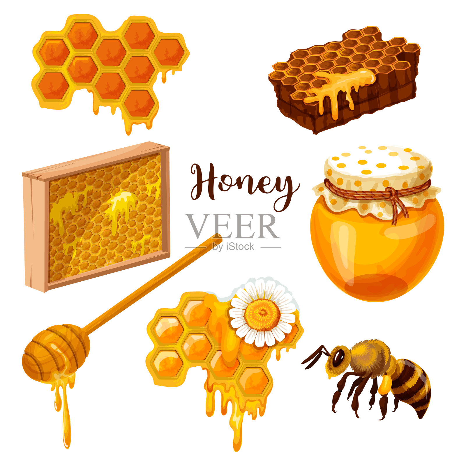 蜂蜜滴而流，蜂窝，蜜蜂和勺子插画图片素材
