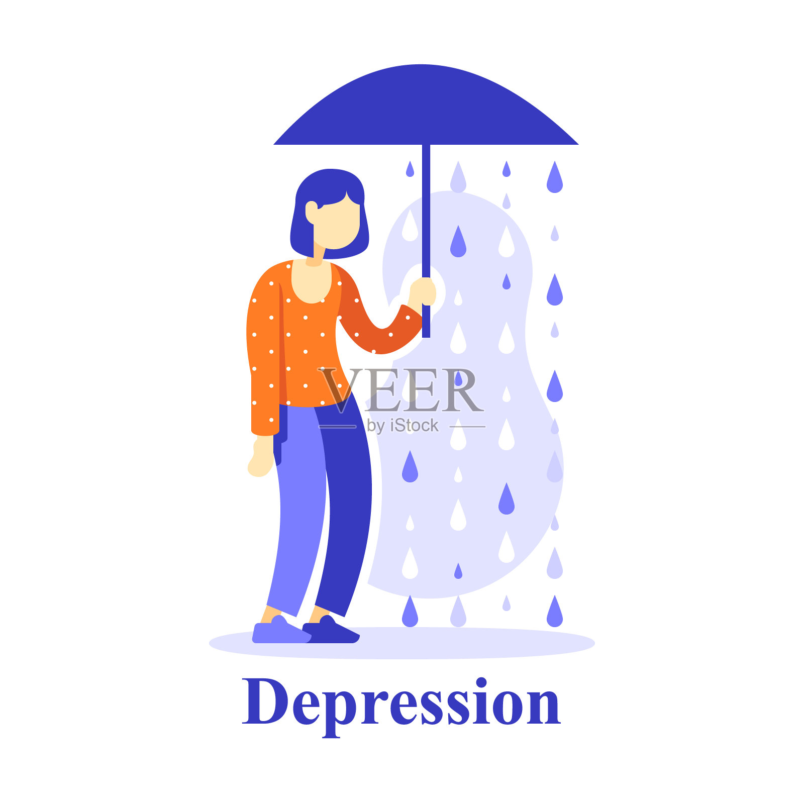 女人撑伞下雨，有抑郁观念，人不开心，不幸或悲惨，悲观思想插画图片素材