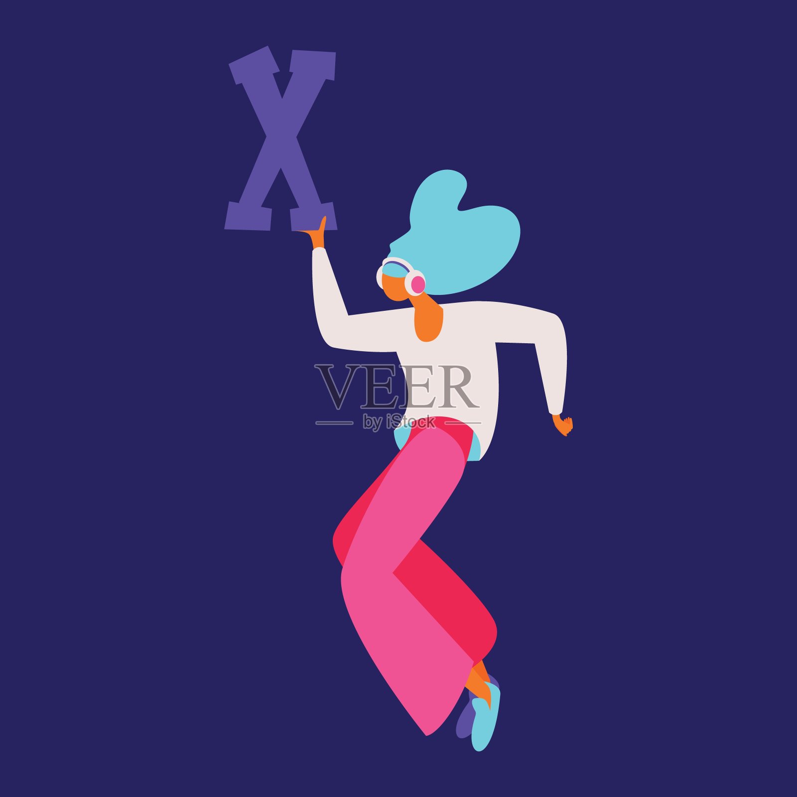 年轻女子与英文大写字母x跳舞矢量概念插图设计元素图片