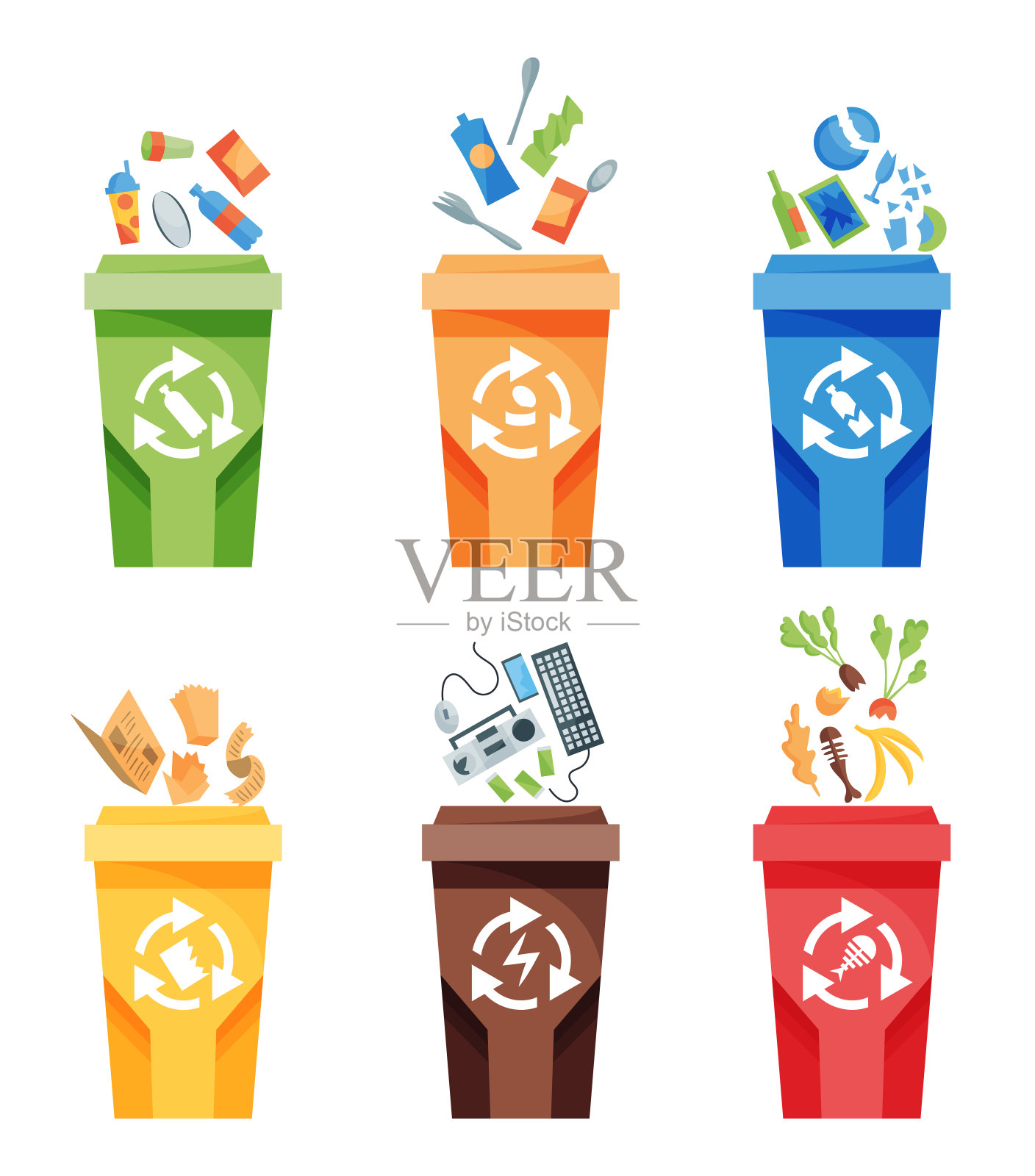 垃圾收集回收。装不同类型垃圾的塑料容器。垃圾容器概念标志。矢量插图卡通风格插画图片素材