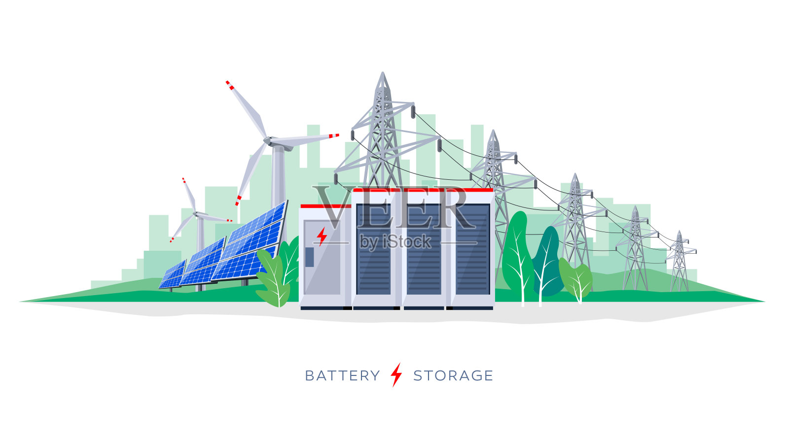 可再生太阳能和风能电池储能智能电网系统与电力线设计元素图片
