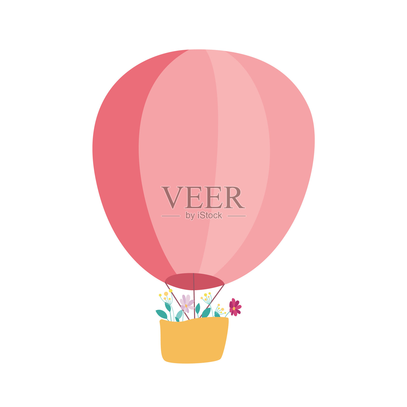 向量粉红色热气球与花在篮子孤立的白色背景插画图片素材