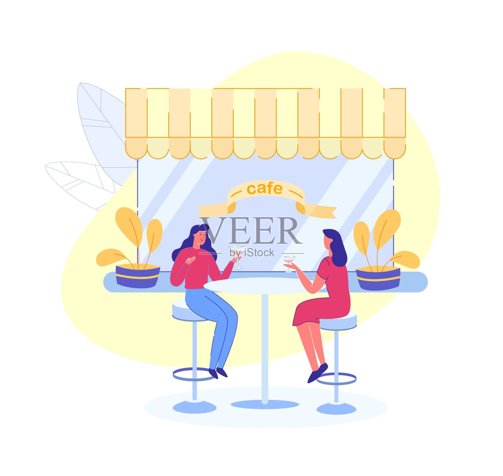 在街头咖啡馆喝酒聊天的女孩插画图片素材