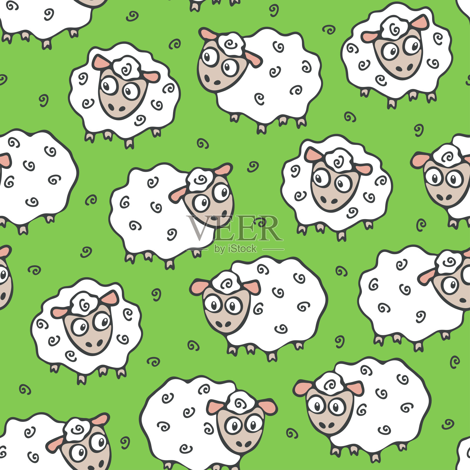 无缝矢量模式与羊在绿色背景。带有小羊的卡通动物壁纸设计。适合儿童时装、纺织品、面料。可爱的农场动物。插画图片素材