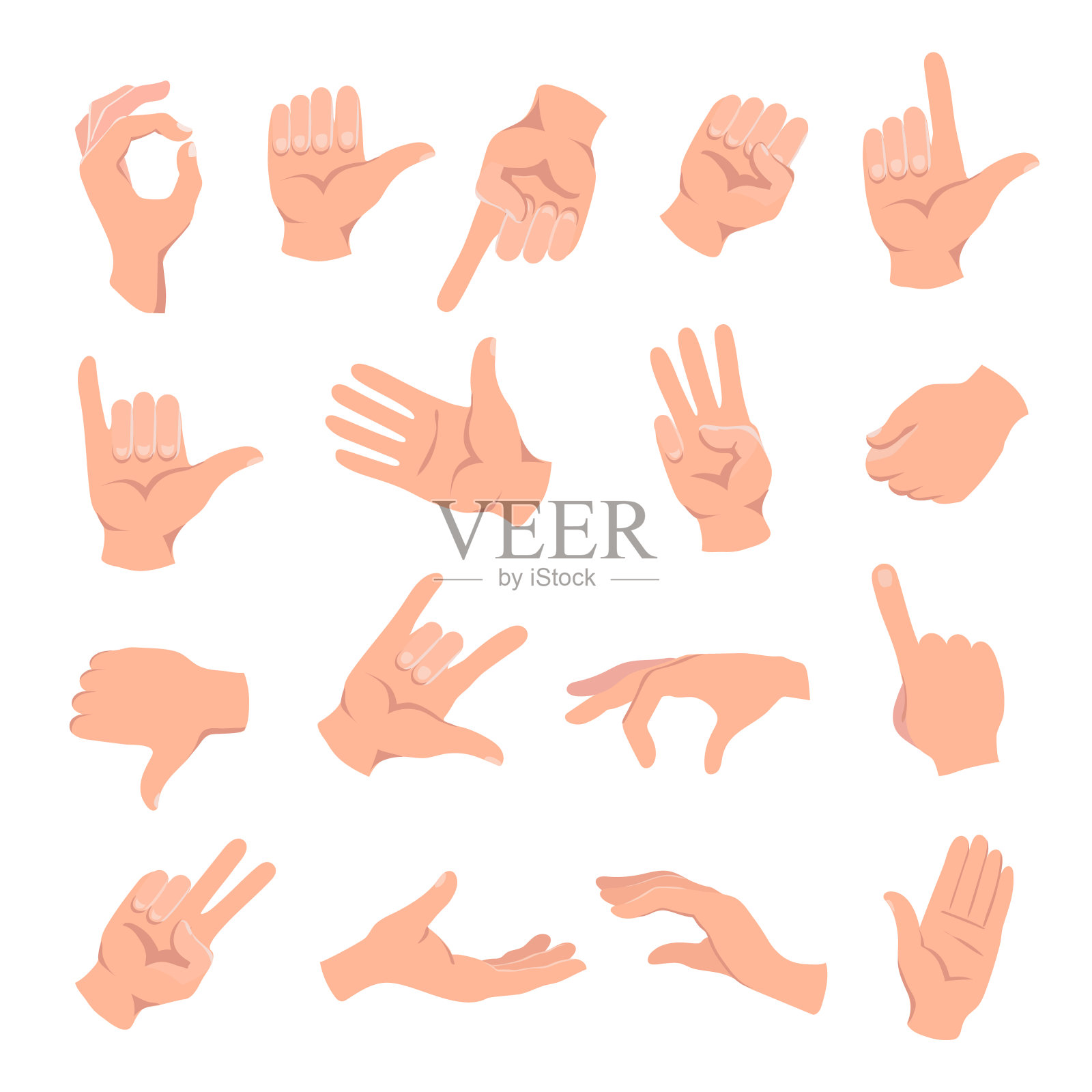 一组手在不同的手势，手显示信号或符号收集，在白色背景孤立矢量插图插画图片素材