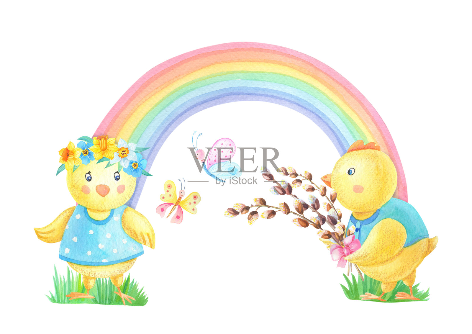 水彩复活节鸡与柳树在五彩彩虹的背景。水彩画树脂插画图片素材