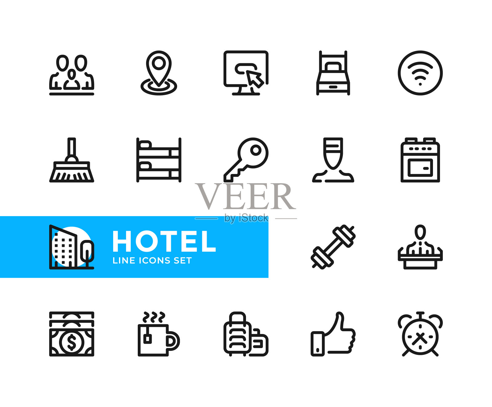 酒店矢量线图标。简单的一套轮廓符号，线性图形设计元素。酒店的图标集。像素完美图标素材