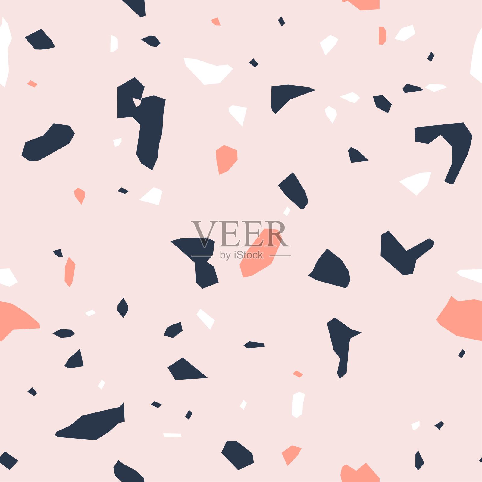 粉色水磨石无缝模式的蓝色，珊瑚和白色碎片，矢量插图。插画图片素材