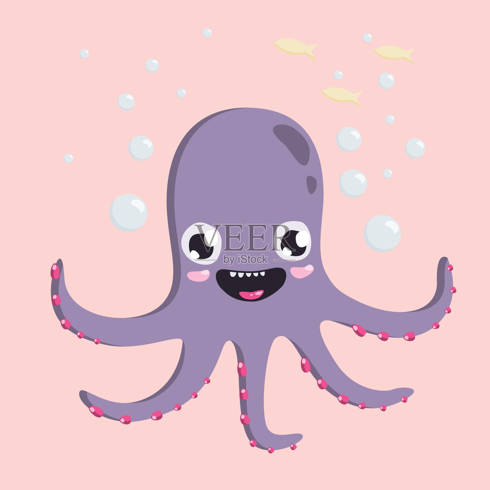 可爱的紫色章鱼和黄色的鱼卡通插画图片素材